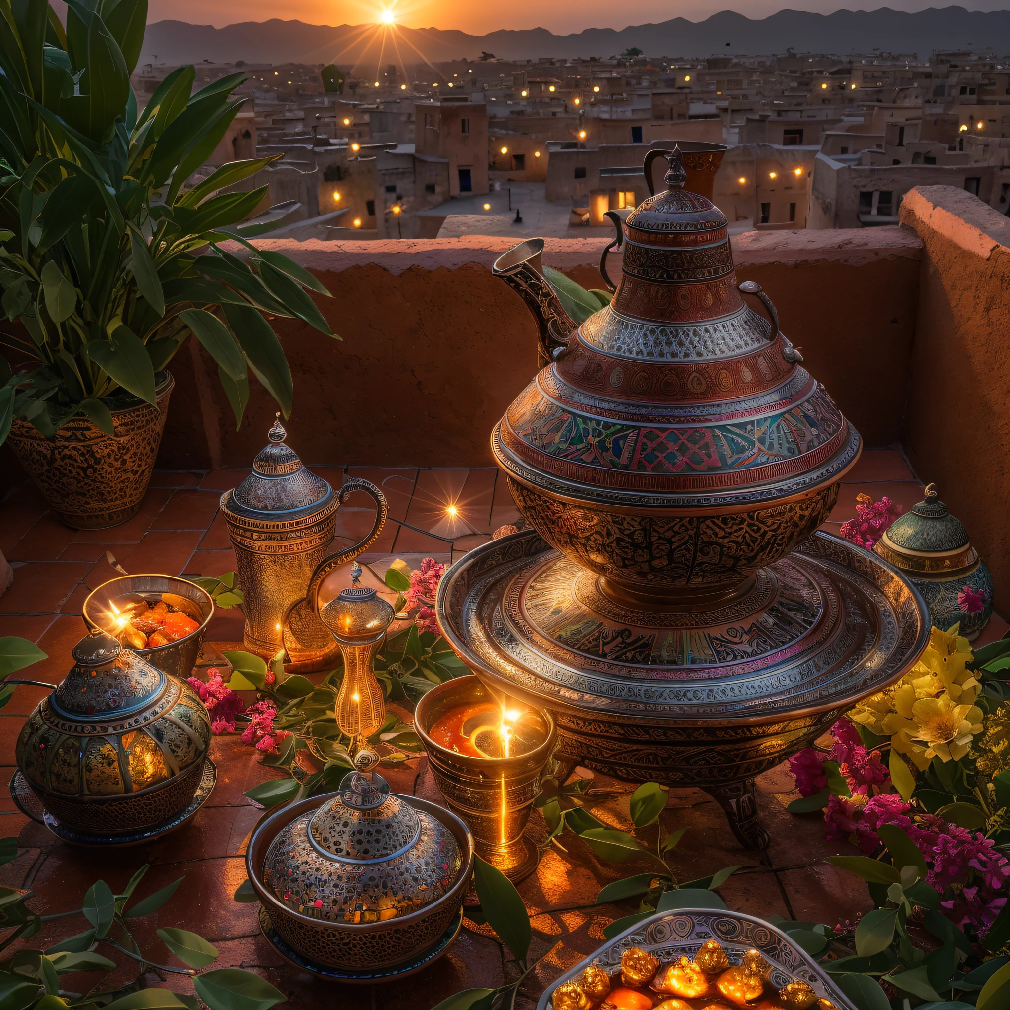 Moroccan tagine meal, Moroccans in traditional dress pouring tea, sunset, steam, masterpiece, best quality, ultra high res, RAW, ((Riad)), ((riad rooftop)), Marrakech, Marrakesh, moroccan lamps, (Photoluminescence), ((blooming flowers)), clear, Cinematic RAW photo, hyper real photo, ultrarealistic, 8k uhd, dslr, soft lighting, high quality, film grain, Fujifilm XT3, photographed on a Kodak Retina II Sanyo Xacti VPC-CA6, 50mm lens, Wide Angle, HDR, hyper-realistic, colorgraded, volumetric lighting, [volumetric fog, moist], shallow depth of field, reflections, photo, (sparkling), glistening, (iridescent), glimmering, shimmering, mystical, enchanting, glittering, Morocco, exotic, (masterpiece) (best quality) (detailed) (8k) (HDR) (wallpaper) (cinematic lighting) (sharp focus) (intricate), romantic