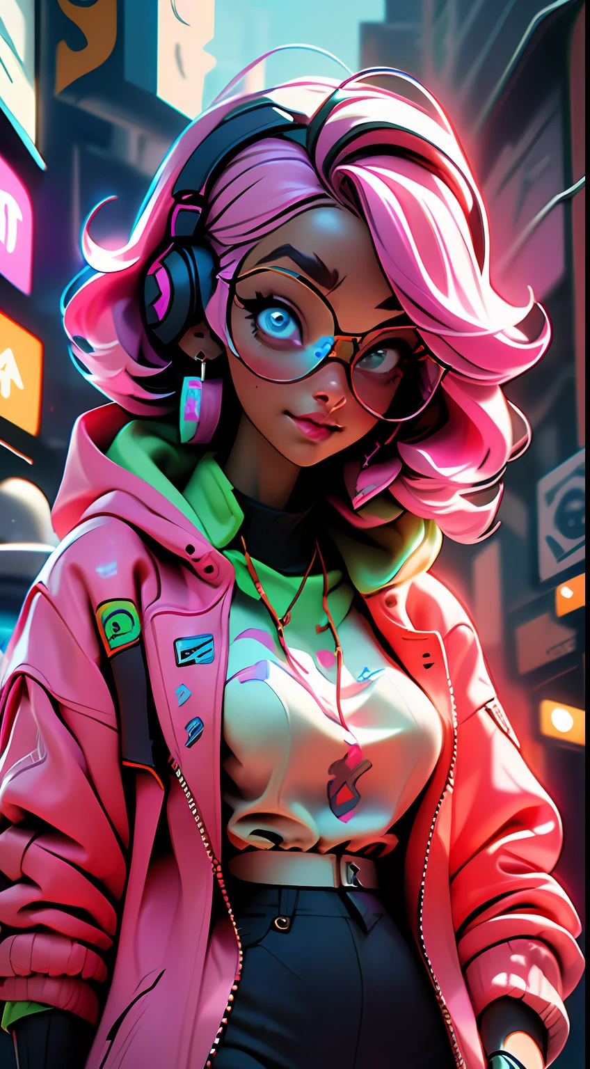 ((Best quality)), ((masterpiece)), ((realistic)) and ultra-detailed photography of a 1nerdy girl with neon headphones. She has ((pink hair)), is wearing an orange techwear jacket, and exudes a ((beautiful and aesthetic)) vibe.