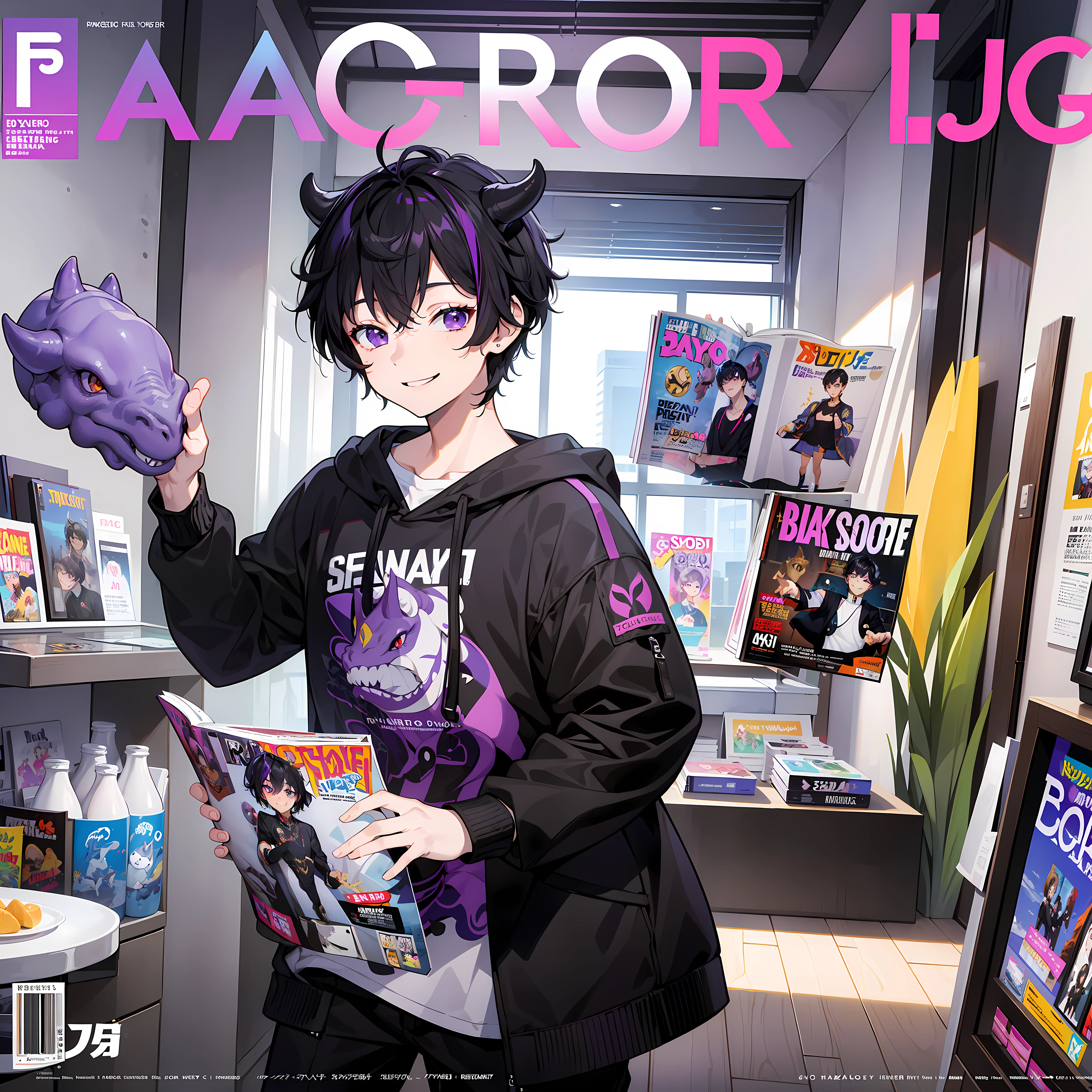 masterpiece, best quality, full body, (ฺBoy Triceratops character), (black hair with purple highlights), (1boy), (smiling), ((solo)), (magazine:1.3), (cover-style:1.3), fashionable
