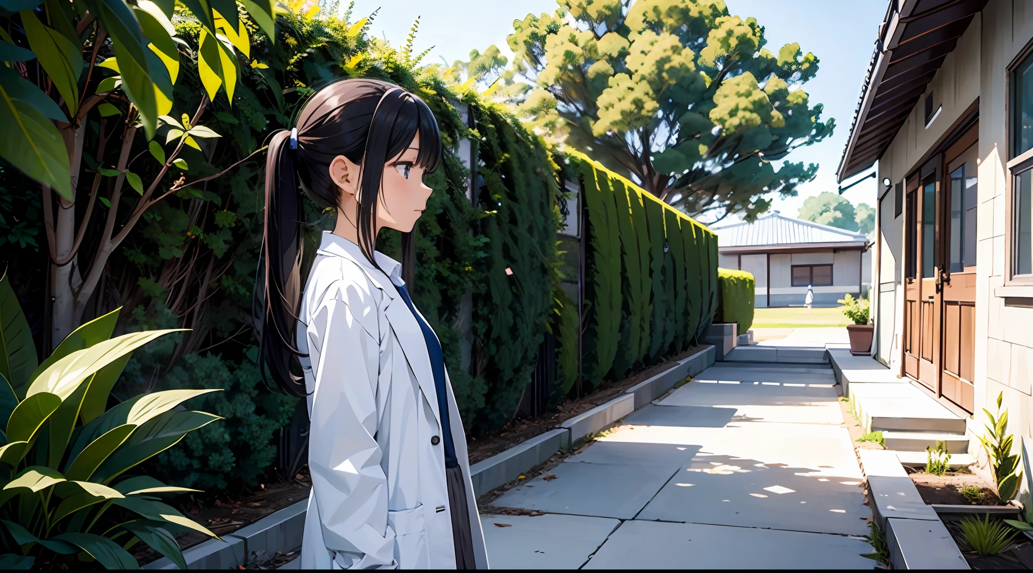 （​masterpiece、top-quality）perfect anime illustration、Only one young woman、High School Teacher、Age is late 20s、Clean face（profile）、confident facial expression、poneyTail、Rough clothing（Skirt and white blouse）、She wears a light science lab coat over her clothes.、The time is in the afternoon、Sunnyday、The location is a passage in the school（outside of house）、Plants and trees are dark green、So that the whole body goes into the illustration、Write