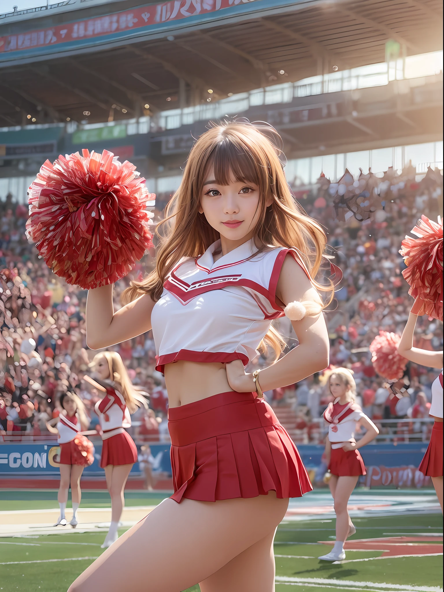 Alafed Asian cheerleaders posing dynamically with pom-poms in stadium:1 person:there is nobody else、a closeup、cosplay foto、Anime Cosplay、large full breasts、Raw photography, top-quality, hight resolution, (masterpiece), (Photorealsitic:1.4), professional photograpy, foco nítido, nffsw, 8K分辨率, intricate detailes, depth of fields, the Extremely Detailed CG Unity 8K Wallpapers, front lit, femele, girl with, beautiful supermodel, A smile、A slender、Small Cheer Uniform、Sailor suit style