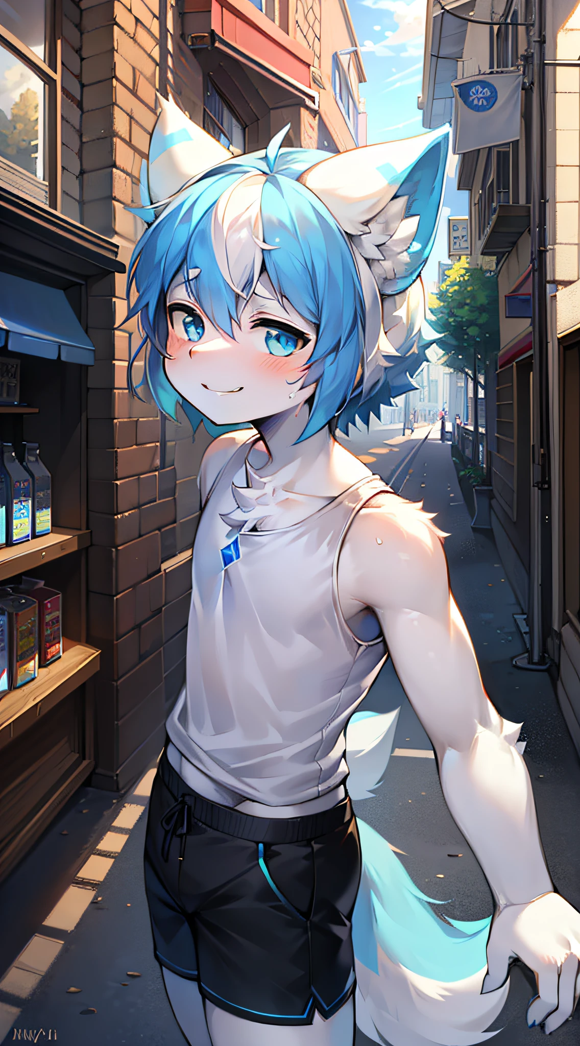 In the daytime，smiling and looking at audience，Standing by the street eating ice cream, (high detal:1 1), fluffy ears，Black shorts, White top, rays of sunshine, Lively and cheerful, younge boy, Blue hair, White hair, Rough face, Natural skin, high qulity, nsfw, blue colored eyes, (Detailed face and eyes), (the face: 1 2)，real photograph，Delicate skin, High resolution 8K, insanely details, realisticlying，