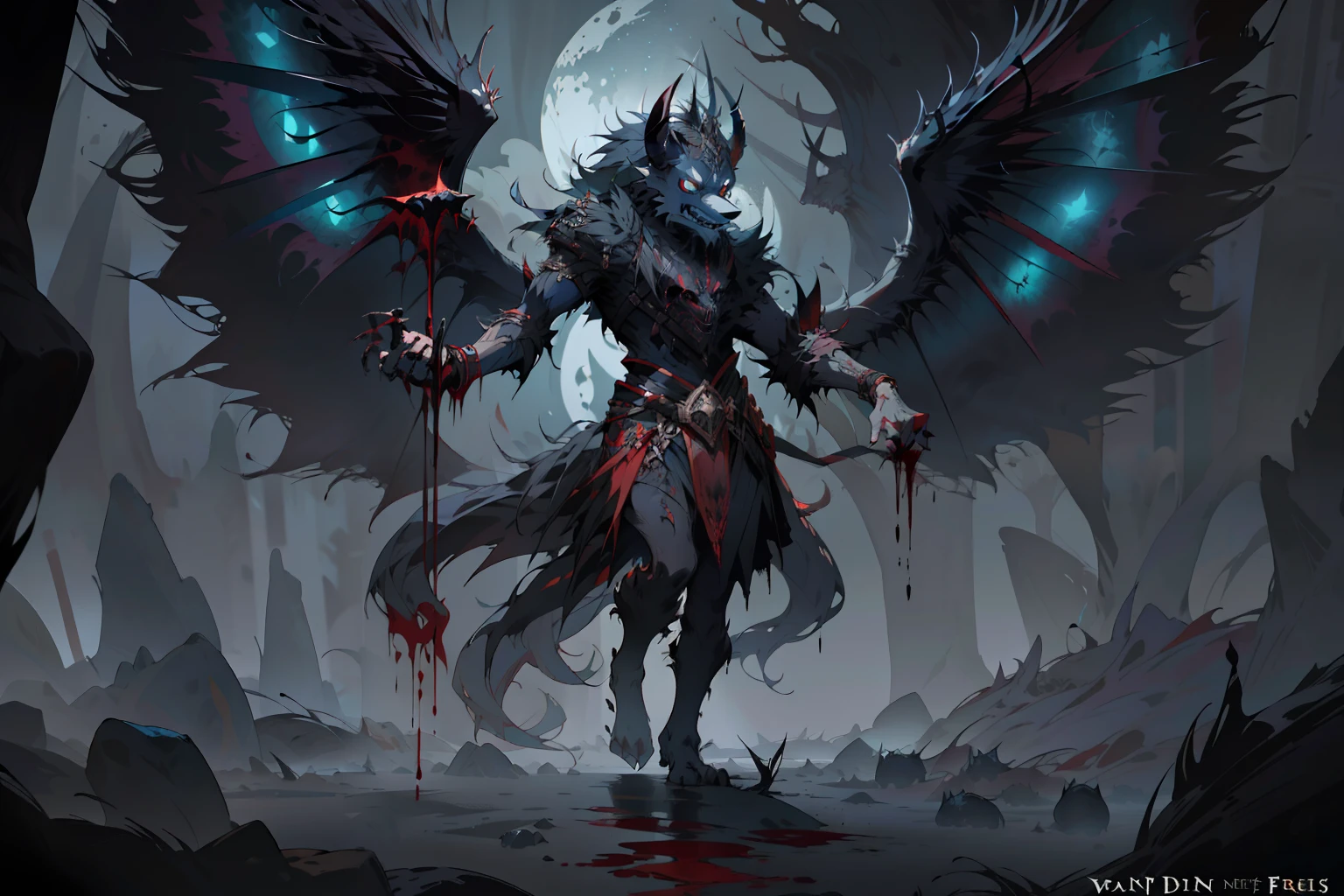 a close up of a demonic creature with wings and blood, dark fantasy style art, in style of dark fantasy art, dark fantasy art, dark fantasy horror art, an ominous fantasy illustration, fantasy dark art, dark fantasy concept art, fenrir, winged wolves, a minotaur wolf, dark fantasy artwork, demonic creature, symmetrical epic fantasy art, gothic fantasy art
