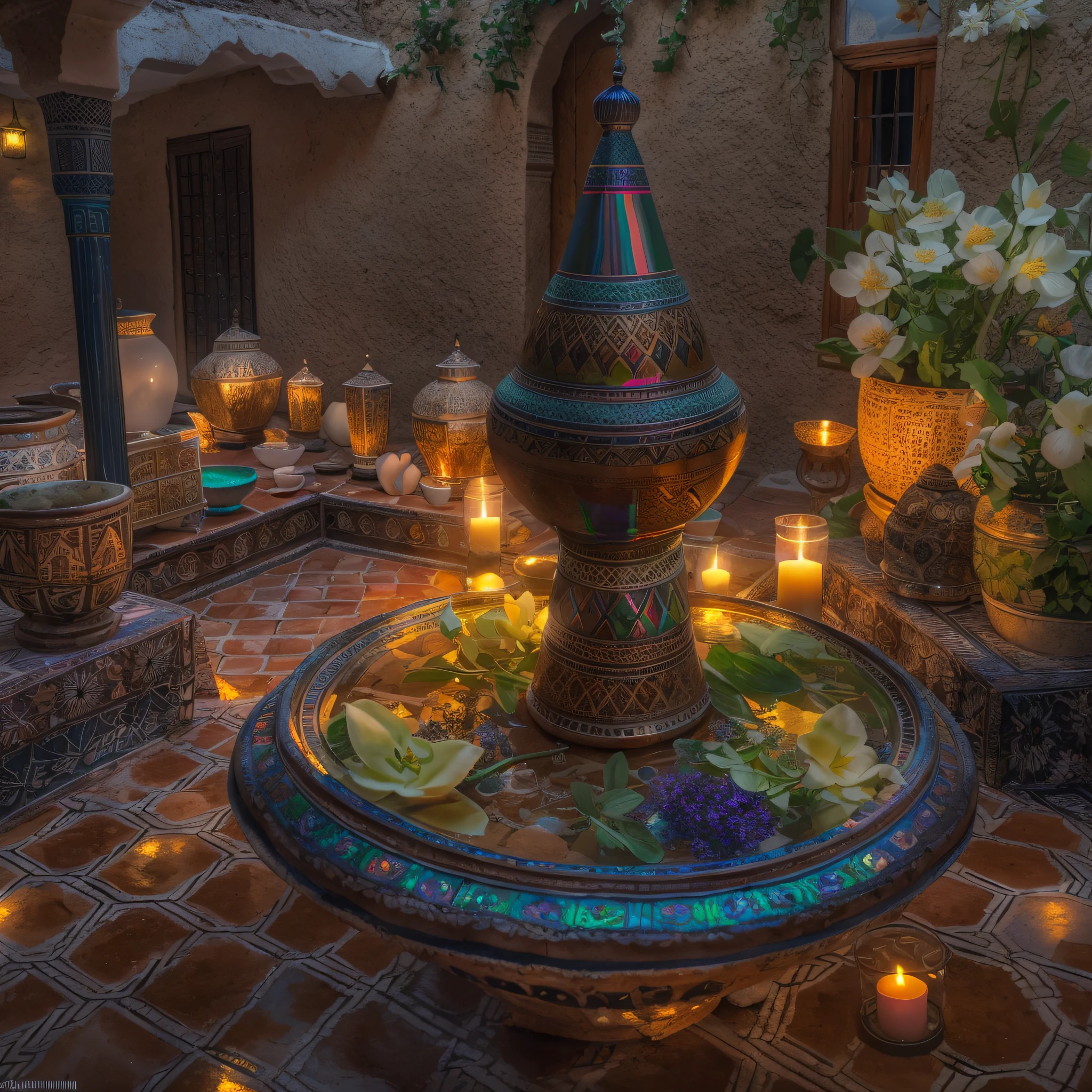 Moroccan tagine, tajin, sunset, steam, celestial, masterpiece, best quality, ultra high res, RAW, ((Riad)), ((riad rooftop)), Marrakech, Marrakesh, moroccan candle holders, opalescent, moroccan lamps, (Photoluminescence water), gems, ((blooming flowers)), clear, Cinematic RAW photo, hyper real photo, ultrarealistic, 8k uhd, dslr, soft lighting, high quality, film grain, Fujifilm XT3, photographed on a Kodak Retina II Sanyo Xacti VPC-CA6, 50mm lens, Wide Angle, HDR, hyper-realistic, colorgraded, volumetric lighting, [volumetric fog, moist], shallow depth of field, reflections, photo, (sparkling), glistening, (iridescent), glimmering, shimmering, mystical, enchanting, glittering, Morocco, exotic, (masterpiece) (best quality) (detailed) (8k) (HDR) (wallpaper) (cinematic lighting) (sharp focus) (intricate), Amazigh, romantic