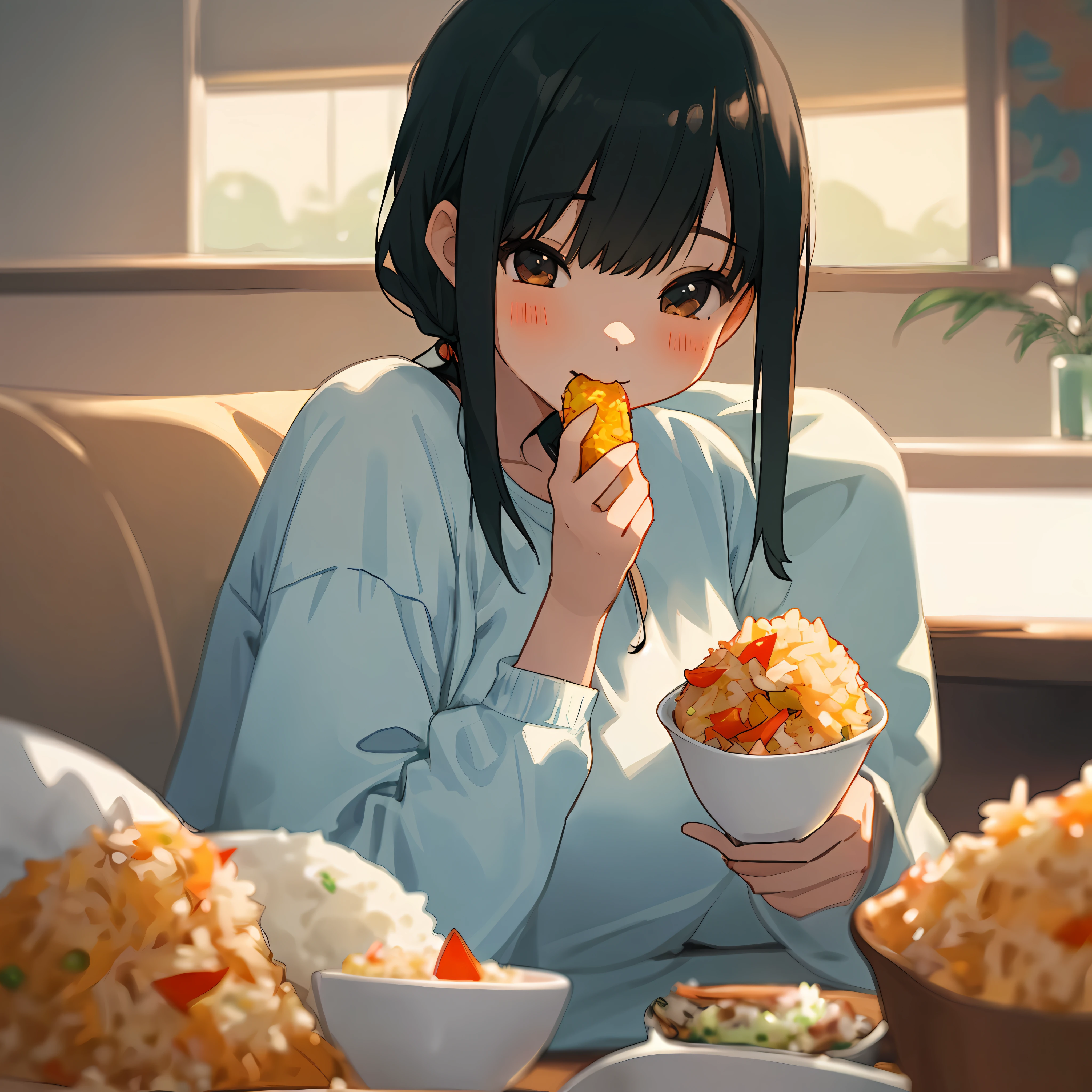 1 girl, loungewear, eating, solo, fried rice, viewers