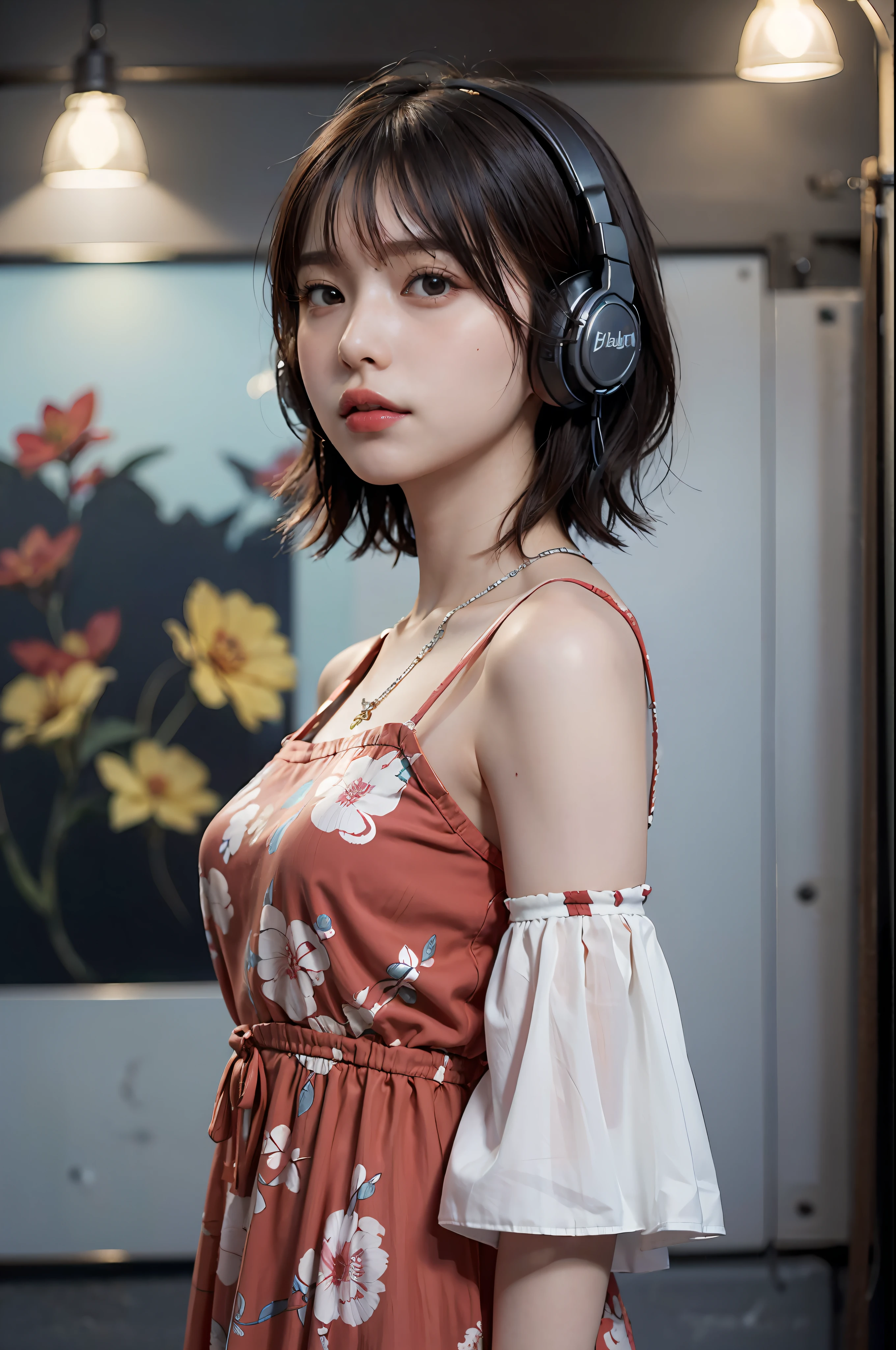 Best Quality, masutepiece, (Photorealistic:2), Ultra High Resolution, Highly detailed, A hyper-realistic, 1girl in, ((Red headphones)), (Longer dress), Floral pattern, colourfull_hair、(((very_Short_hair))), Short hair, Slim body, Full Shot, Looking at Viewer, ((Music Studio)),  Bright atmosphere, spot light, Detailed background