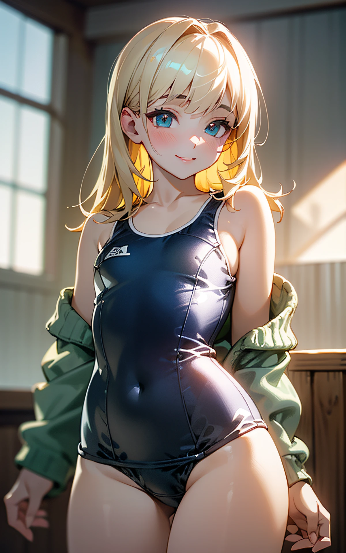 (Unity 16K Wallpaper, Masterpiece, Best Quality, Ultra-Detailed, Extremely Detailed CG, Caustics, Cinematic Lighting, Detailed, Beautiful Detailed Eyes, solo, vivid image quality, brighten the subject, beach),Ultra High Resolution, fine skin、sexy, (curby), nsfw,(school swimsuit:1.3), small breasts, smile, cowboyshot,cardigan