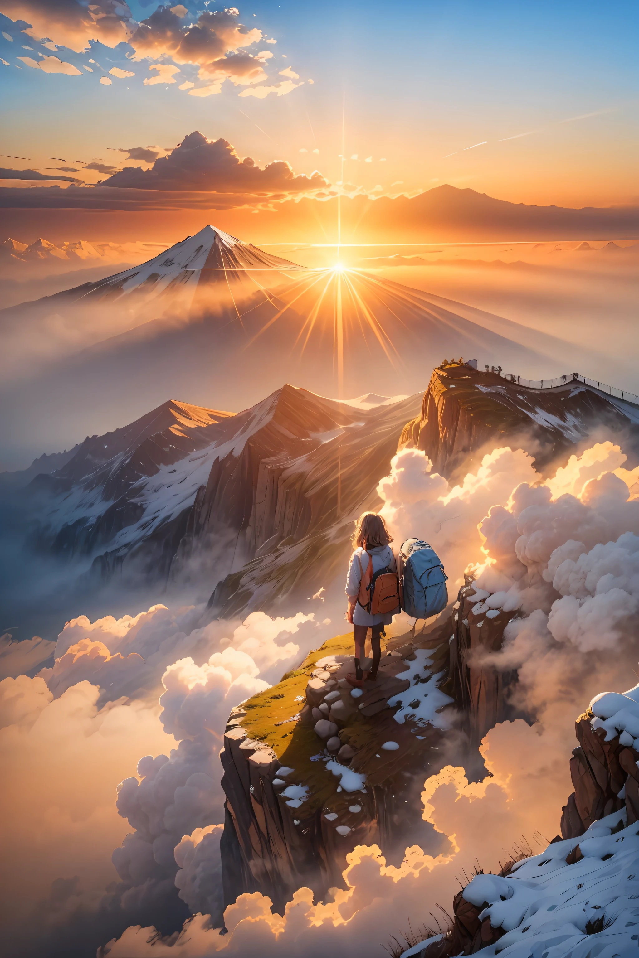 A view of the top of the mountain at sunset, where there are shoots from other mountains that are also visible, there is a cloud mist lower than the top of the mountain, the rays of sunlight from the end of the horizon look very beautiful golden, the color gradation between the blue sky and the golden sun is very beautiful to look at, BREAK, (there is a girl with a backpack looking towards the sun, He looks smaller standing on the top of his own mountain, his hair fluttering in the wind)