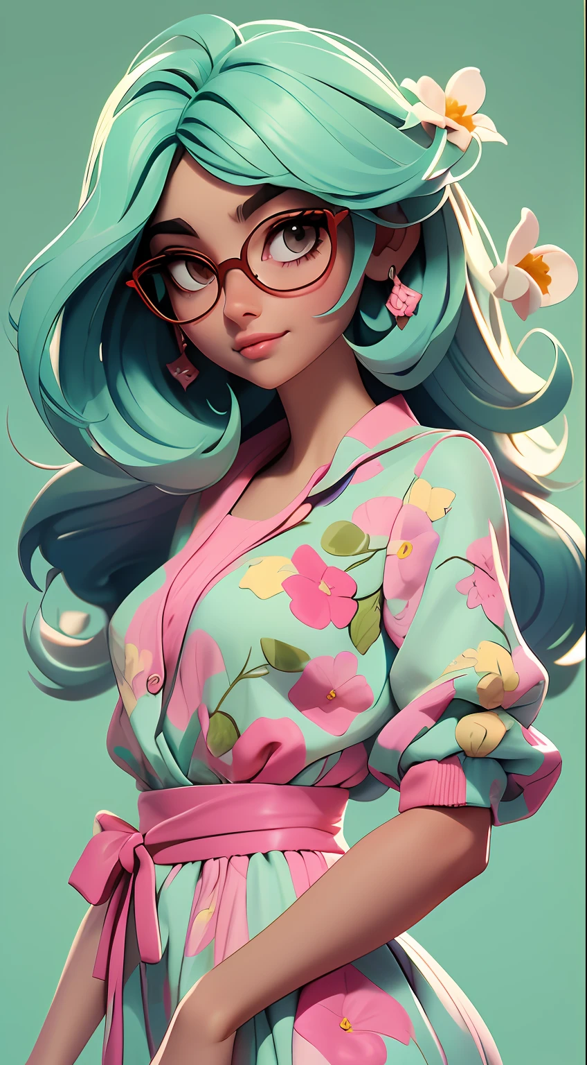 (Melhor Qualidade, Obra-Prima), 1girl, Pose, Eyeglasses, Vento, Flor, Parte completa do Corpo, Esquema de Cores Branco e Rosa, Fundo Simples, Olhe para o Espectador