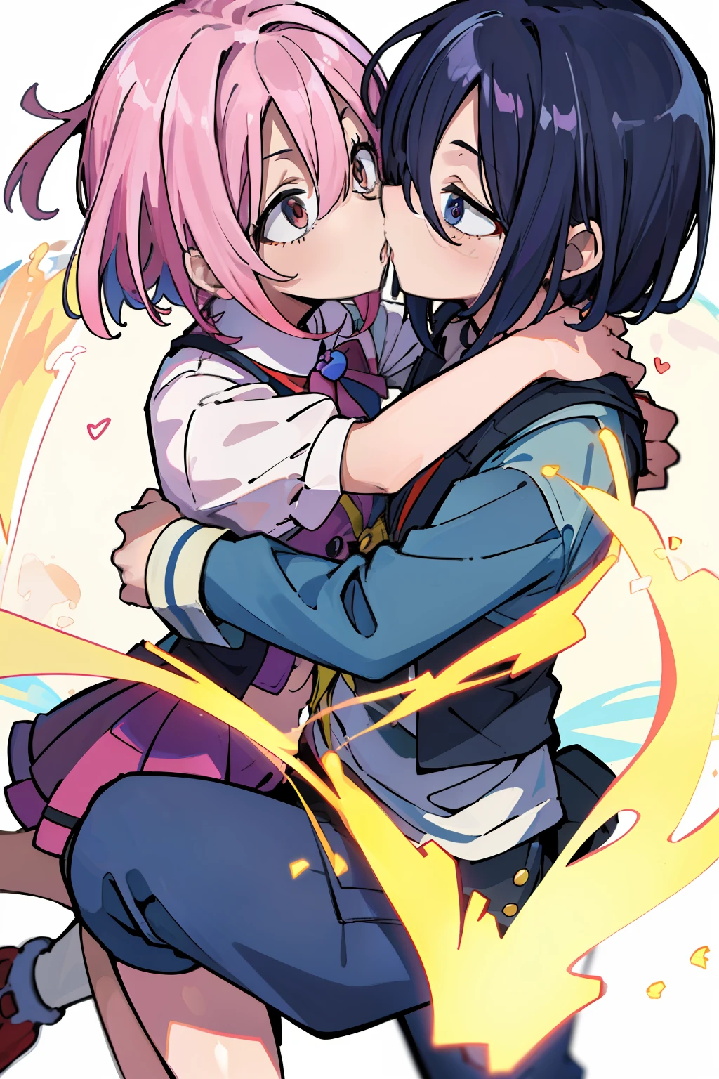 ((extremelydetailedCG)),((8K_Wallpaper)),(((masutepiece))),((top-quality)), ((Couple in love)),  The two are kissing、Has characteristic movements and power, Playfulness and dynamic, With vivid colors and exaggerated expressions. While maintaining overall uniformity、Incorporate elements from each anime world、