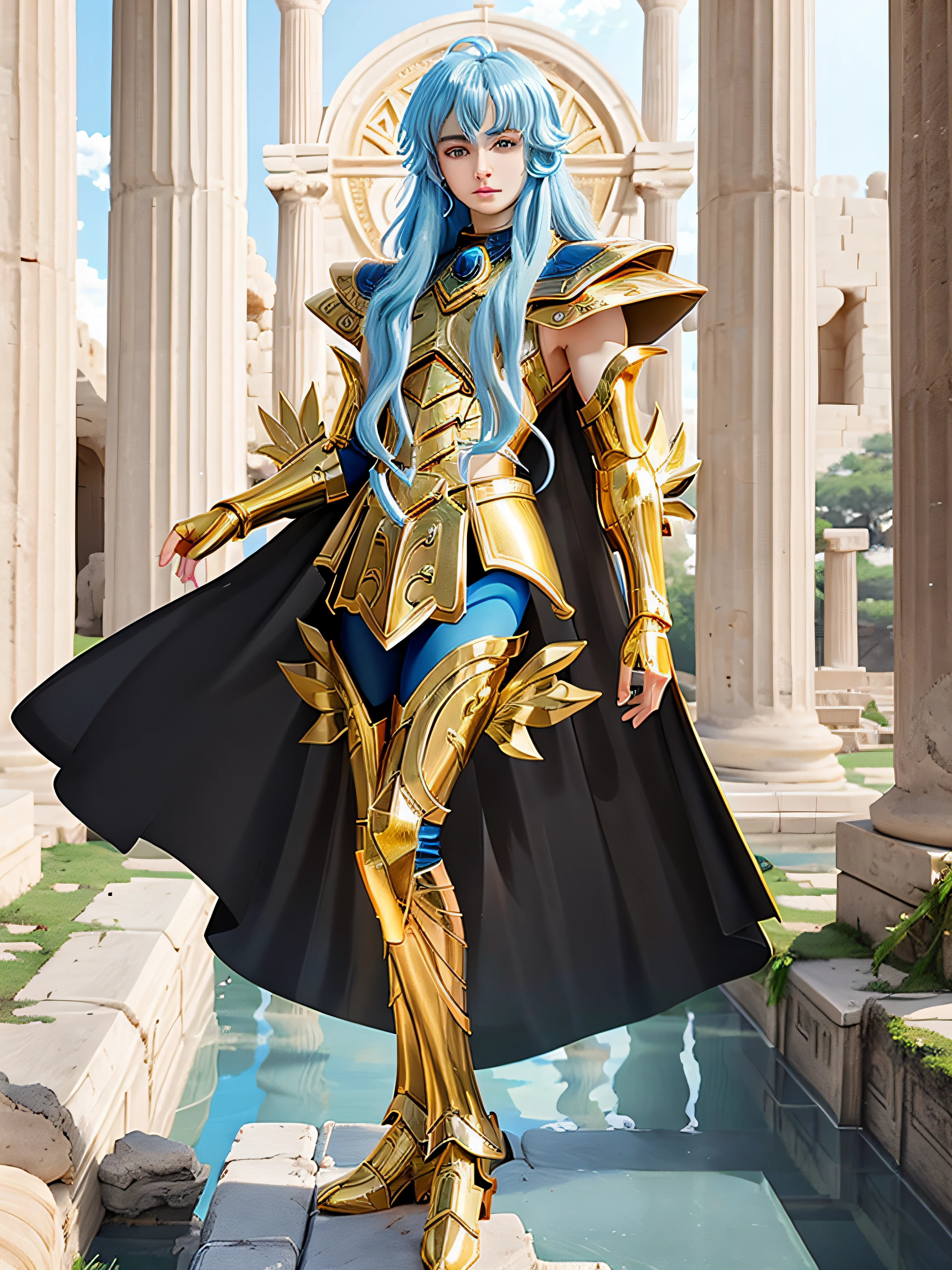 masterpiece, best quality, masterpiece, detailed face, detailed eyes, full body,  Timothe Chalamet wearing golden armor, long blue hair, Atlantis  greek temple ruins, ((anime)), mole under eye