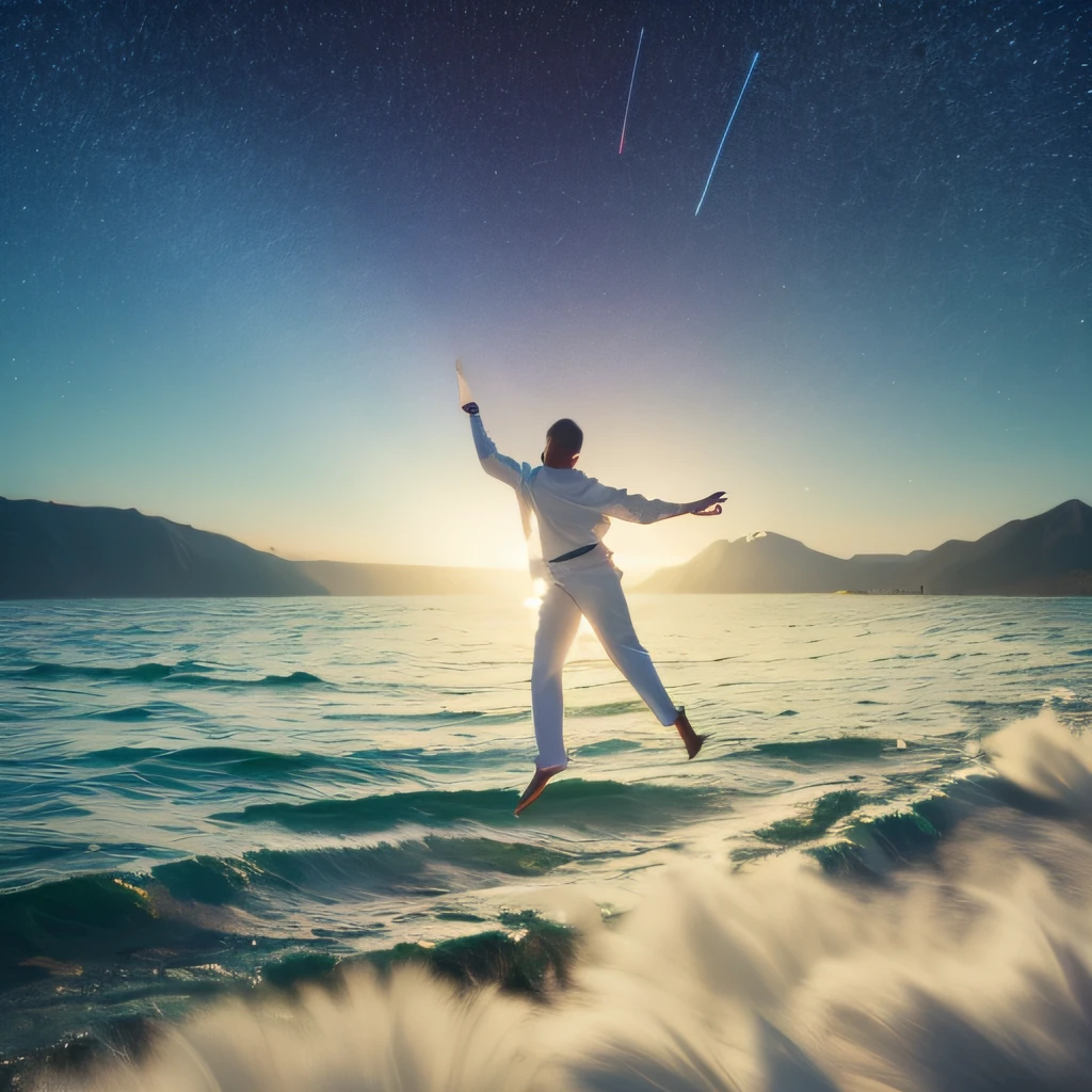 Desenhe uma logo baseado em viagem astral, espiritualidade, In the middle of it is a monk in white clothing flying.