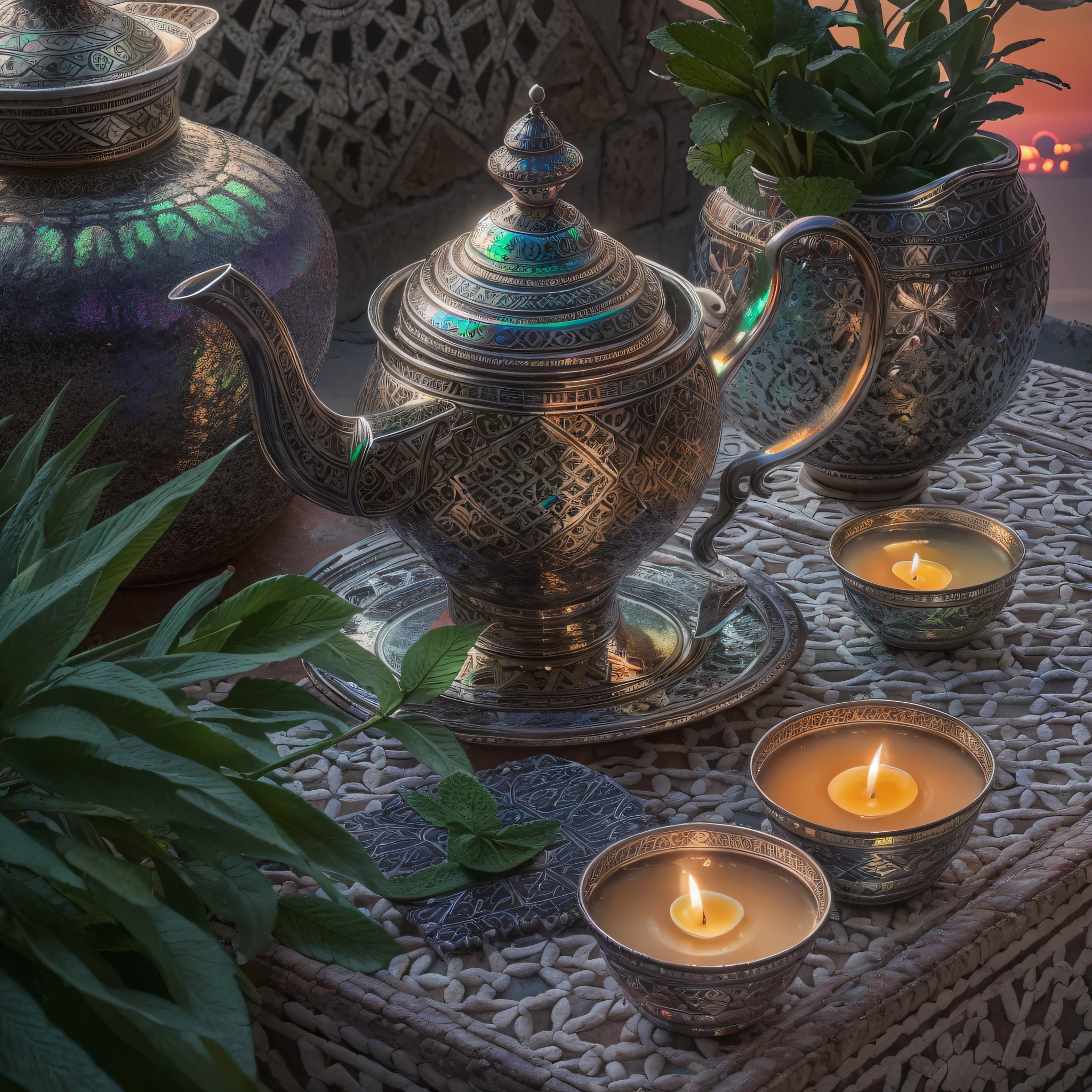 silver moroccan tea pot, mint leaves, Moroccan glasses, sunset, celestial, masterpiece, best quality, ultra high res, RAW, ((Riad)), ((riad rooftop)), Marrakech, moroccan candle holders, opalescent, moroccan lights, (Photoluminescence water), gems, ((blooming flowers)), clear, Cinematic RAW photo, hyper real photo, ultrarealistic, 8k uhd, dslr, soft lighting, high quality, film grain, Fujifilm XT3, photographed on a Kodak Retina II Sanyo Xacti VPC-CA6, 50mm lens, Wide Angle, HDR, hyper-realistic, colorgraded, volumetric lighting, [volumetric fog, moist], shallow depth of field, reflections, photo, (sparkling), glistening, (iridescent), glimmering, shimmering, mystical, enchanting, glittering, Morocco, exotic, (masterpiece) (best quality) (detailed) (8k) (HDR) (wallpaper) (cinematic lighting) (sharp focus) (intricate), Amazigh, romantic