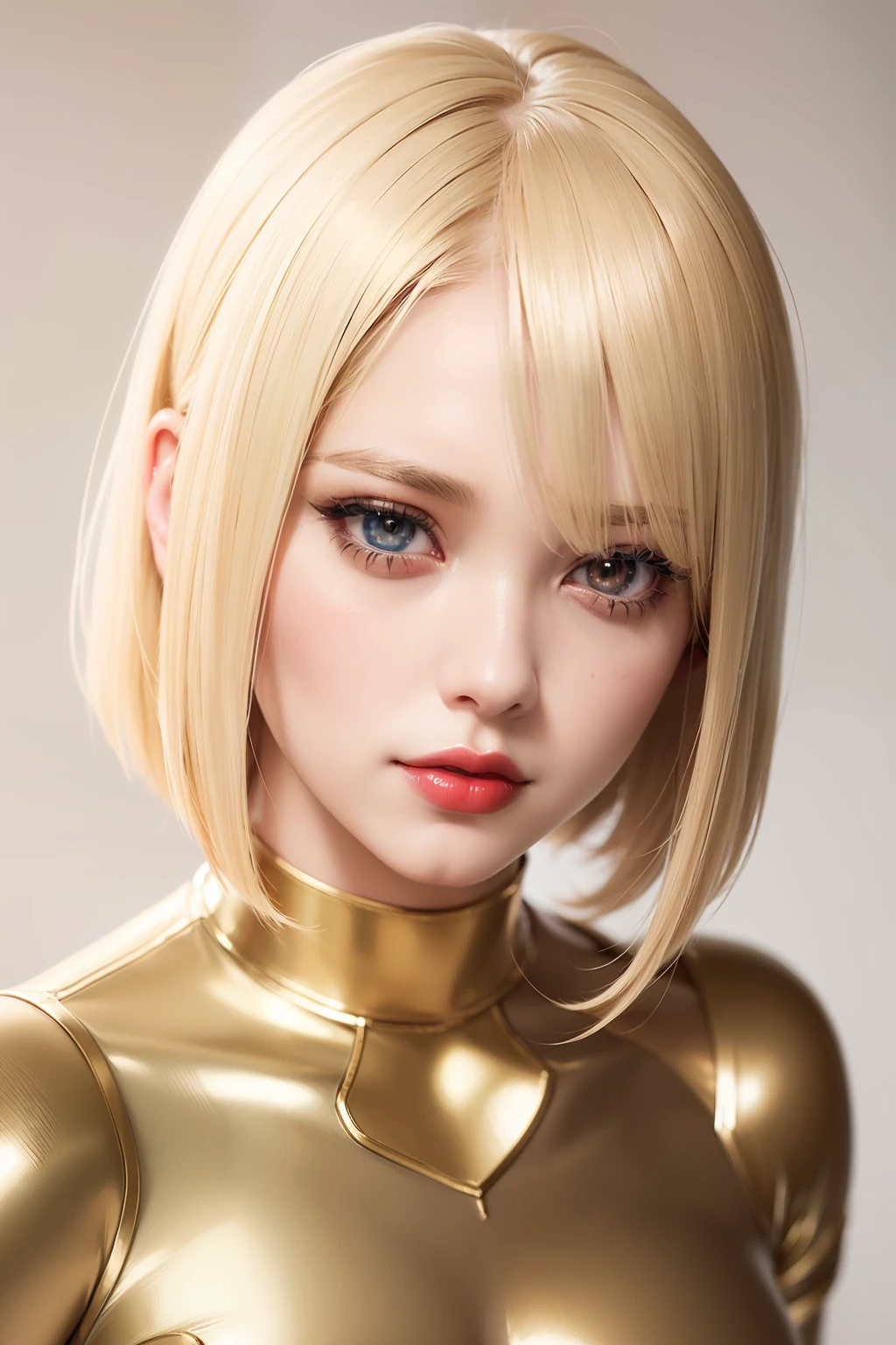 Bust portrait of anime beauty blonde girl (short Bob realistic hair), perfect face, realistic skin ((((high detailed skin)))), red lips, in realistic white & Gold tight combat body suit, ((beauty realistic eyes))