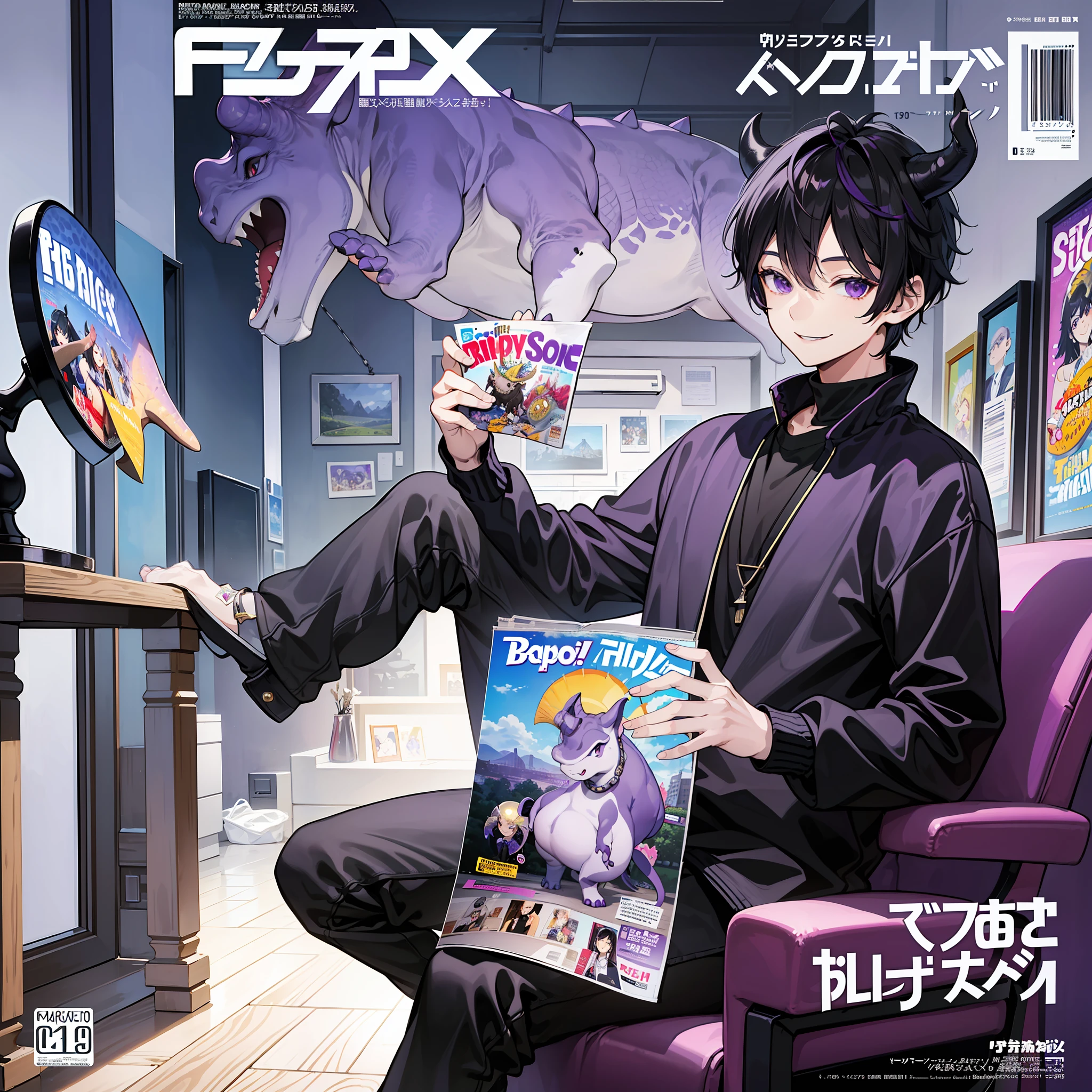 masterpiece, best quality, full body, (ฺBoy Triceratops character), (black hair with purple highlights), (1boy), (smiling), ((solo)), (magazine:1.3), (cover-style:1.3), fashionable