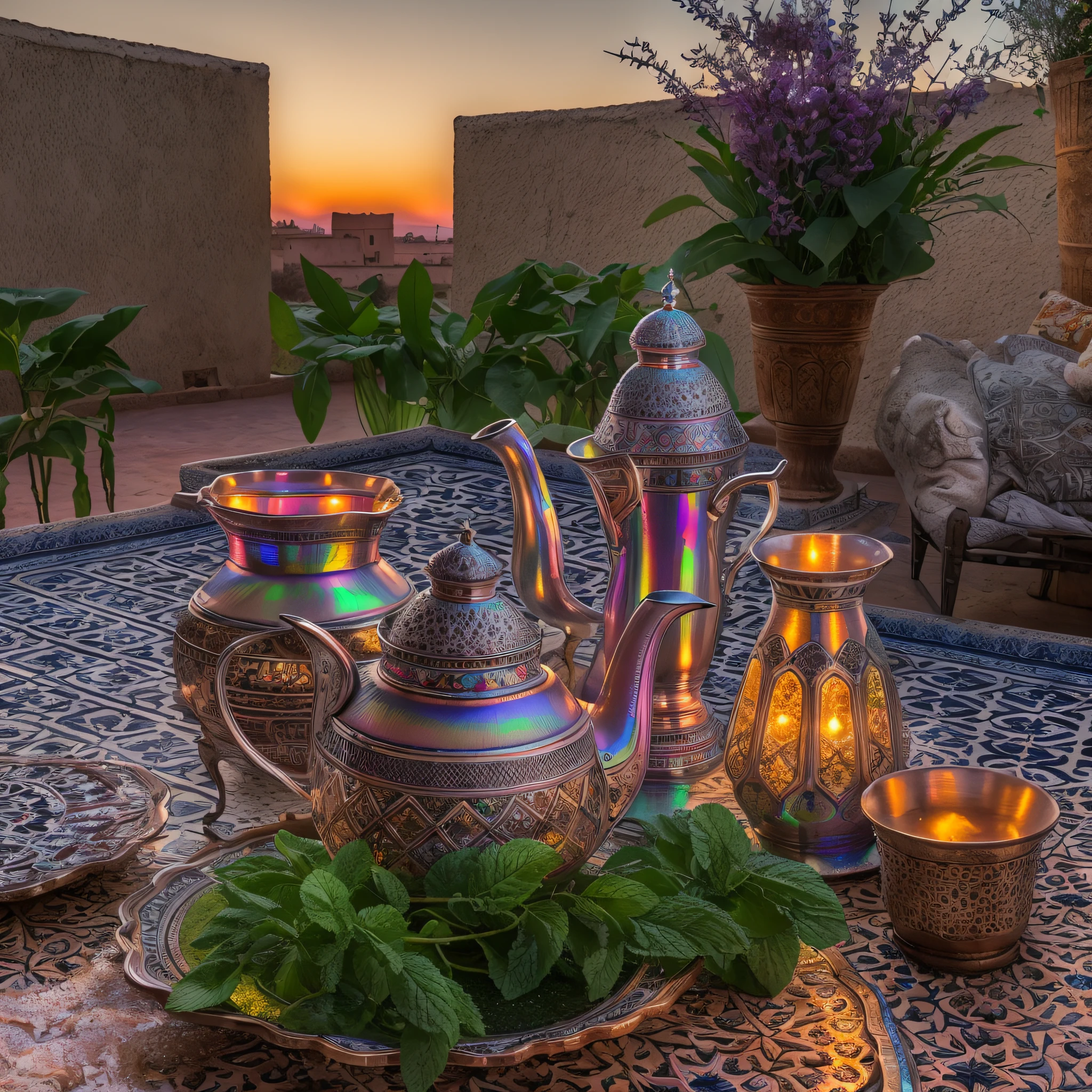 silver moroccan tea pot, mint leaves, Moroccan glasses, sunset, celestial, masterpiece, best quality, ultra high res, RAW, ((Riad)), ((riad rooftop)), Marrakech, moroccan candle holders, opalescent, moroccan lights, (Photoluminescence water), gems, ((blooming flowers)), clear, Cinematic RAW photo, hyper real photo, ultrarealistic, 8k uhd, dslr, soft lighting, high quality, film grain, Fujifilm XT3, photographed on a Kodak Retina II Sanyo Xacti VPC-CA6, 50mm lens, Wide Angle, HDR, hyper-realistic, colorgraded, volumetric lighting, [volumetric fog, moist], shallow depth of field, reflections, photo, (sparkling), glistening, (iridescent), glimmering, shimmering, mystical, enchanting, glittering, Morocco, exotic, (masterpiece) (best quality) (detailed) (8k) (HDR) (wallpaper) (cinematic lighting) (sharp focus) (intricate), Amazigh, romantic