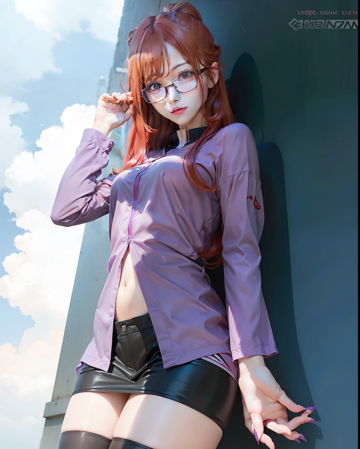 1girl, uzumaki kushina, red hair, long hair, red eyes, wear glasses, purple clothes, home background, realistic, ultra detail