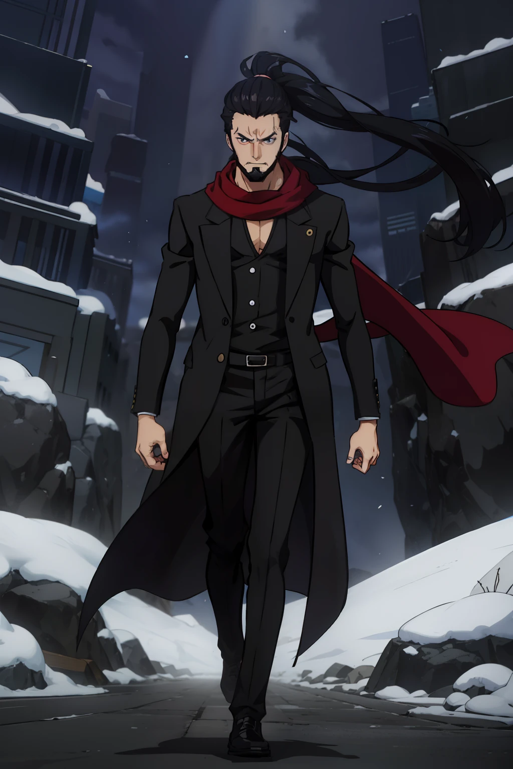 anime, man, black suit, black overcoat, neck chest long blue scarf, ponytail hair, tiny beard