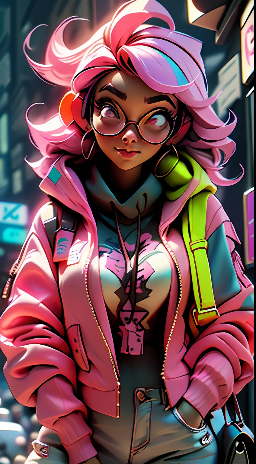 ((Best quality)), ((masterpiece)), ((realistic)) and ultra-detailed photography of a 1nerdy girl with neon headphones. She has ((pink hair)), is wearing an orange techwear jacket, and exudes a ((beautiful and aesthetic)) vibe.