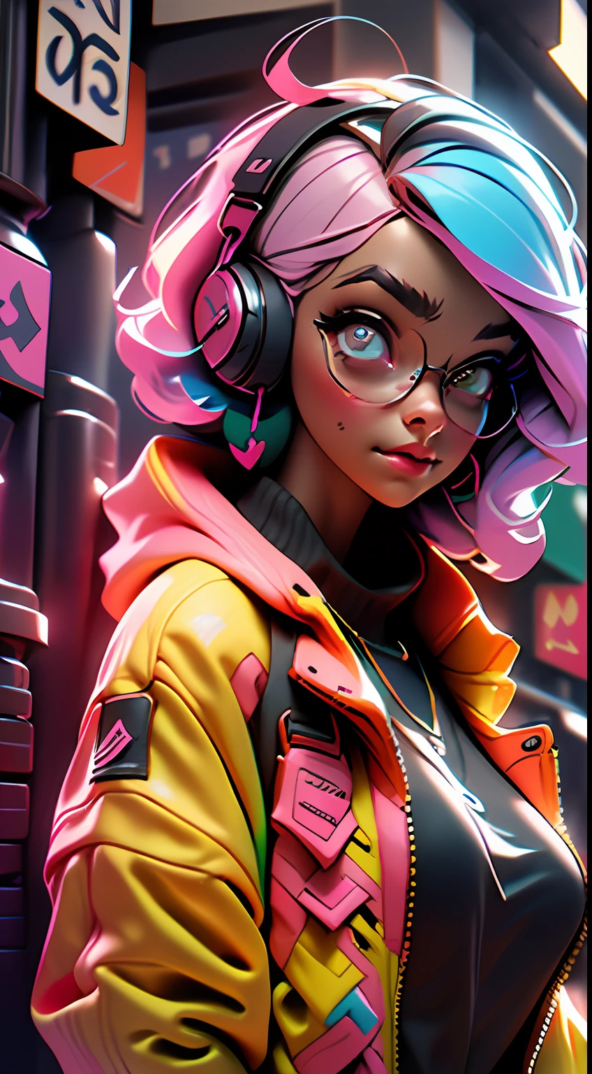 ((Best quality)), ((masterpiece)), ((realistic)) and ultra-detailed photography of a 1nerdy girl with neon headphones. She has ((pink hair)), is wearing an orange techwear jacket, and exudes a ((beautiful and aesthetic)) vibe.