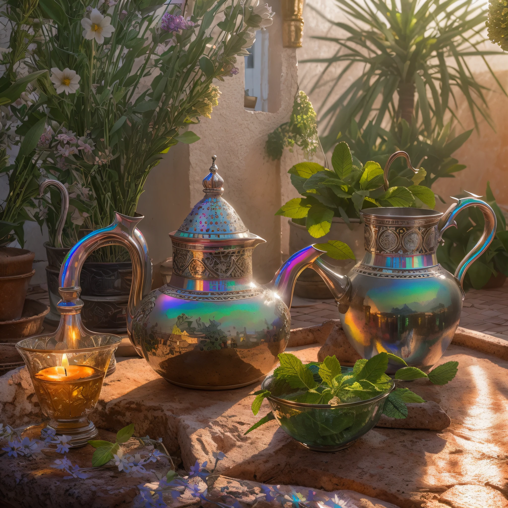 silver moroccan tea pot, mint leaves, Moroccan glasses, sunset, celestial, masterpiece, best quality, ultra high res, RAW, ((Riad)), ((riad rooftop)), Marrakech, moroccan candle holders, opalescent, moroccan lights, (Photoluminescence water), gems, ((blooming flowers)), clear, Cinematic RAW photo, hyper real photo, ultrarealistic, 8k uhd, dslr, soft lighting, high quality, film grain, Fujifilm XT3, photographed on a Kodak Retina II Sanyo Xacti VPC-CA6, 50mm lens, Wide Angle, HDR, hyper-realistic, colorgraded, volumetric lighting, [volumetric fog, moist], shallow depth of field, reflections, photo, (sparkling), glistening, (iridescent), glimmering, shimmering, mystical, enchanting, glittering, Morocco, exotic, (masterpiece) (best quality) (detailed) (8k) (HDR) (wallpaper) (cinematic lighting) (sharp focus) (intricate), Amazigh, romantic