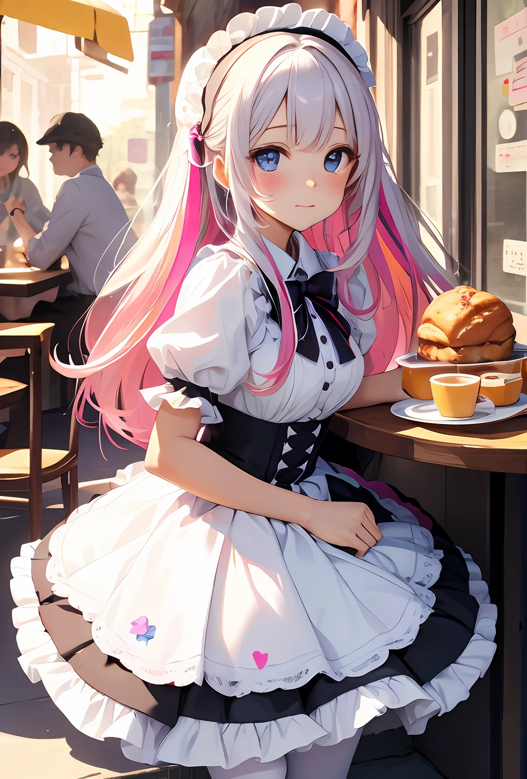 best qualityer，tmasterpiece，Ultimate resolution，downy，Extremely colorful，Colorful，Big high school girl，ta long dress， white stockings，Muffin shoes，Cafe background，closeup of face