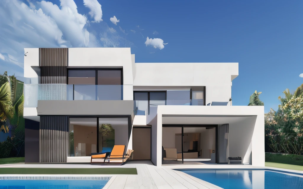 a beautiful render of a villa with a pool and lounge chairs, modern architectural, villa exterior, modern facade, shading on top, by Warren Mahy, clean ink detailed line drawing, by Max Buri, architectural rendering, by Hugh Hughes, corona render, a modern villa with pool, glass window, beautiful photo, Realistic render, edge and line enhance, sharpener, octane render, ray tracing, 16k, ultra HD, Amazing beautiful casa moderna, perspective view, architectural scene, concrete structure exterior, 2 point perspective view, architectural photography, tropical house, ray tracing, striped arrangements, wide angle, cloud, tree, blue sky, city, real world location (Image Sharpener:0.7) brutalism, house, outdoors, day,best quality, realistic, photorealistic,ultra detailed,16K,High quality texture,intricate details,detailed texture,finely detailed,photo of building , pixels perfect, sharpen edge, edges sharpener --auto --s2