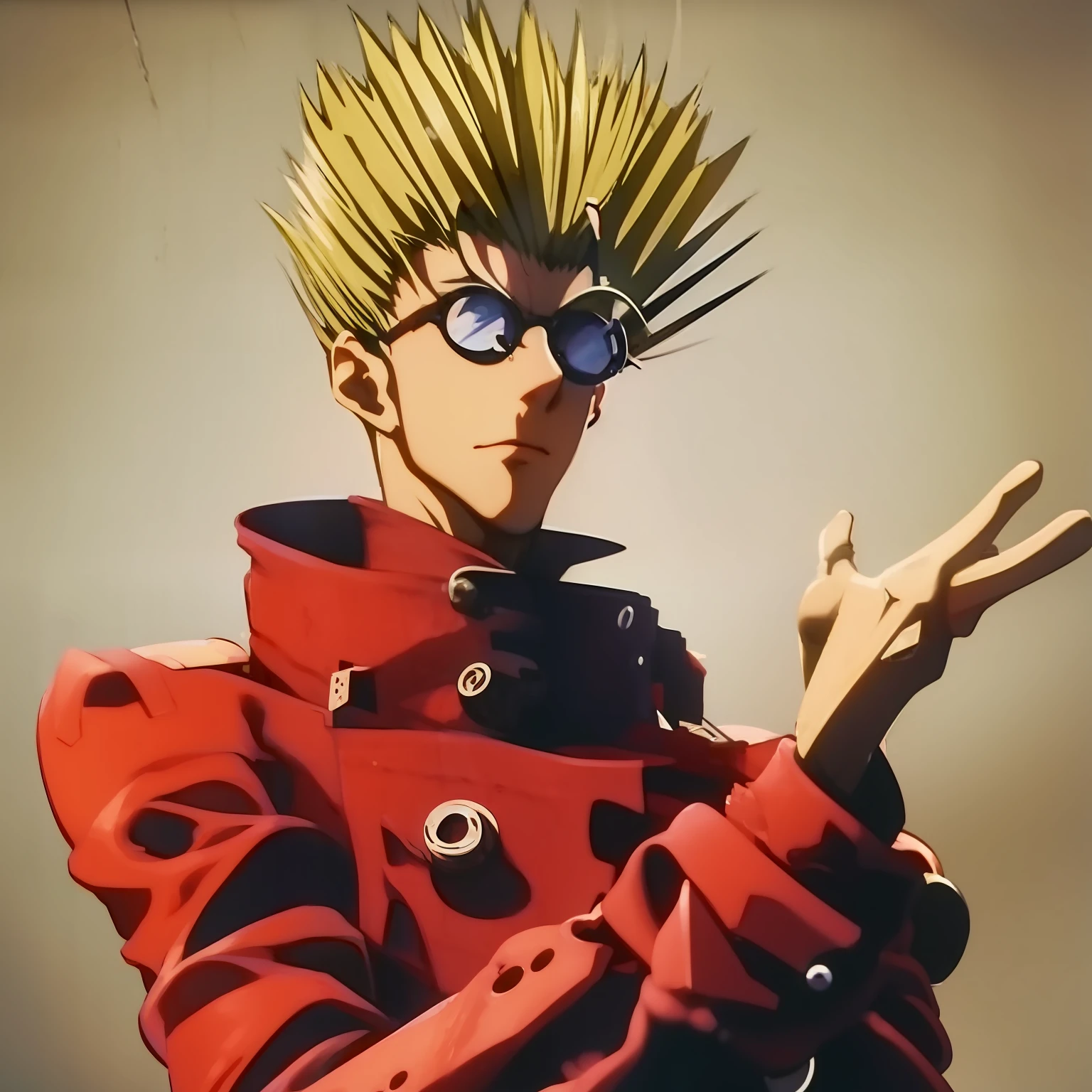 Stunning coherent anime screengrab of Vash the Stampede from Trigun anime!, Round eyewear, posing for a picture, Making a sign of peace!, Happy face, desert background!, Sharp angle, Heroic imagery, Dynamic Scene; high quality, High Resolution, Highly detailed, Masterpiece, HD, 8K