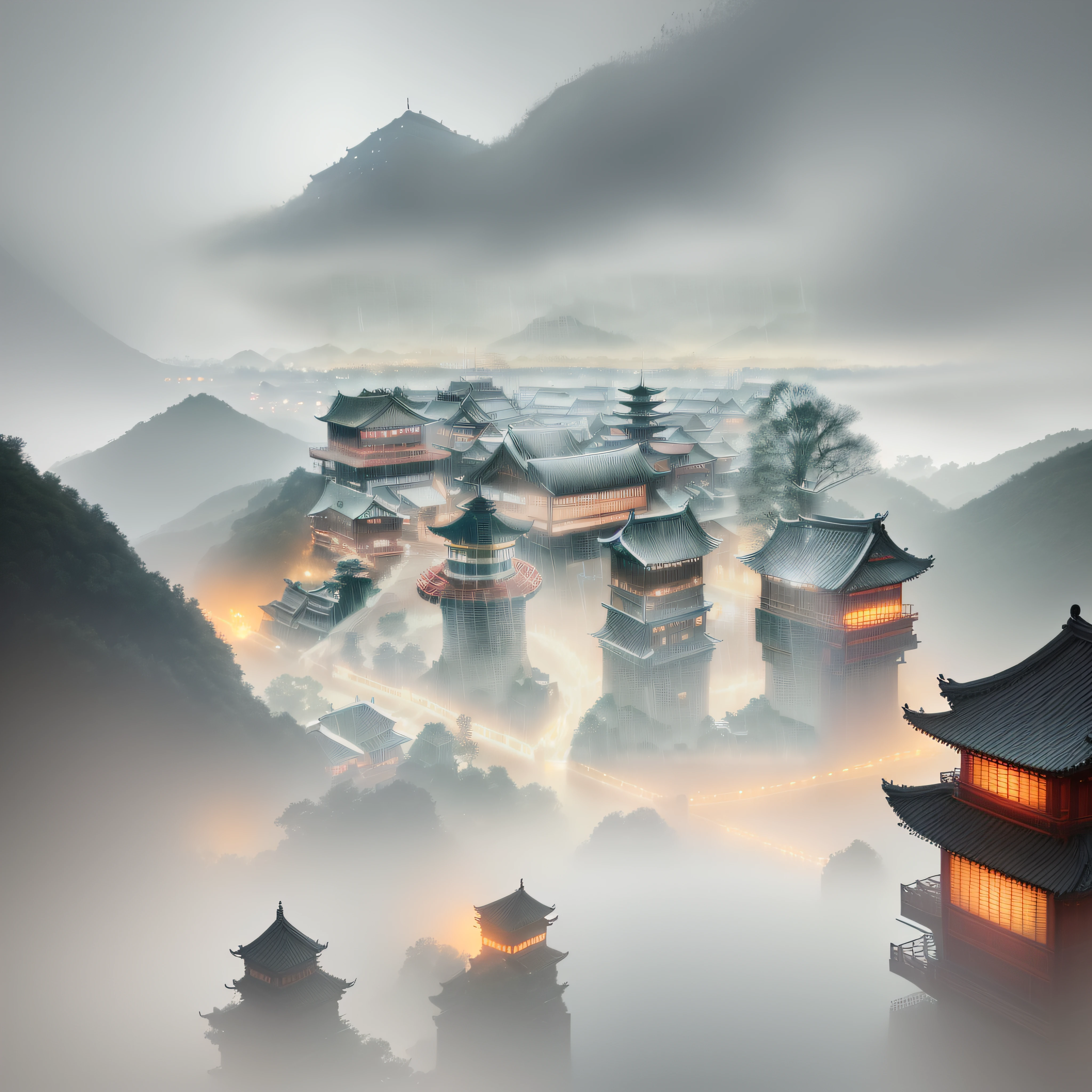 arafed view of a village with a lot of lights on the buildings, dreamy chinese town, chinese village, amazing wallpaper, japanese town, japanese village, hyper realistic photo of a town, old asian village, japanese city, by Raymond Han, rainy evening, cyberpunk chinese ancient castle, beautifully lit buildings, at evening during rain, beautiful and aesthetic, photography, cinematic, 8k, high detailed ((Heavy rain)))