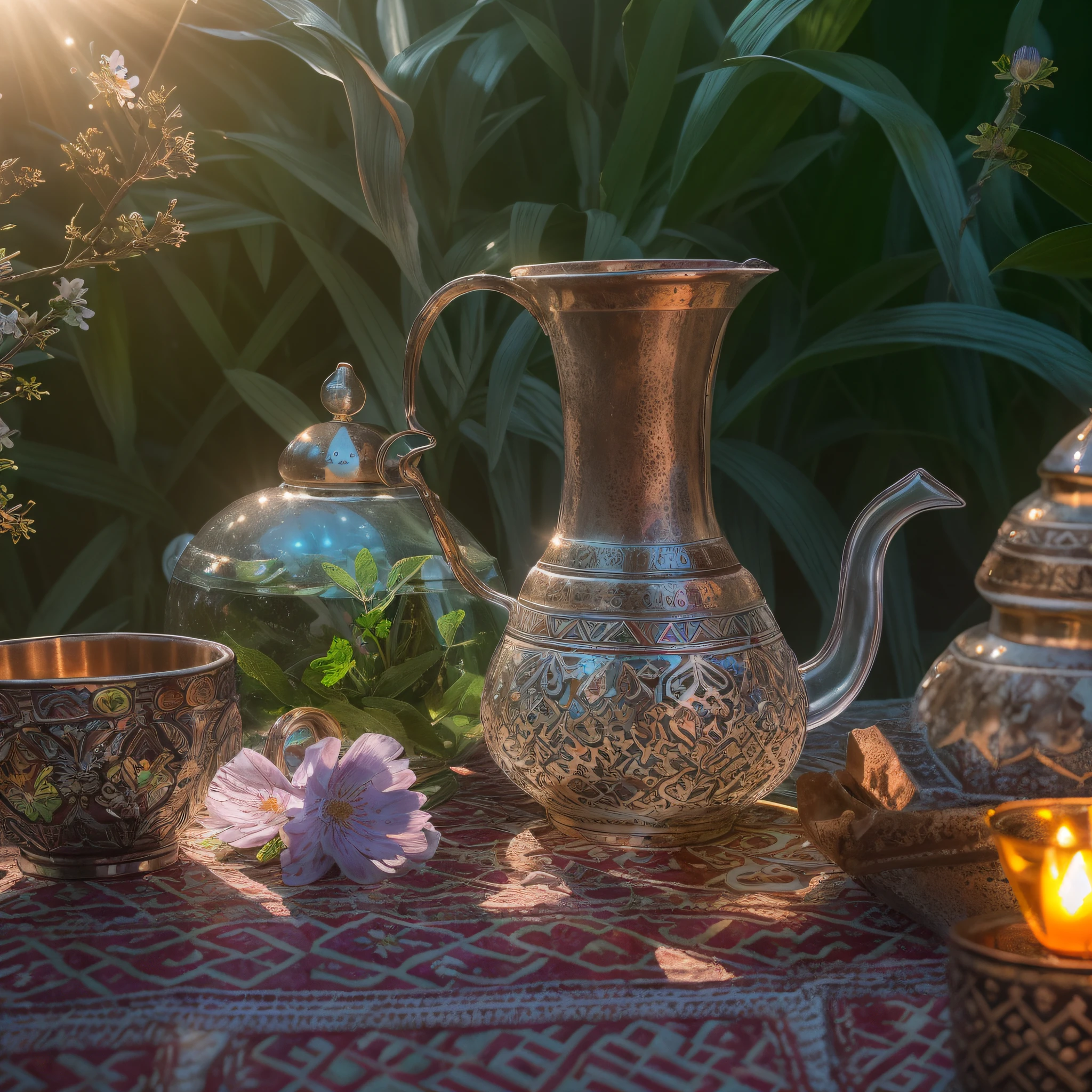 crystal moroccan tea pot, mint leaves, Moroccan glasses, sunrays, masterpiece, best quality, ultra high res, RAW, ((Riad)), ((riad rooftop)), Marrakech, moroccan candle holders, opalescent, moroccan lights, (Photoluminescence water), gems, ((blooming flowers)), clear, Cinematic RAW photo, hyper real photo, ultrarealistic, 8k uhd, dslr, soft lighting, high quality, film grain, Fujifilm XT3, photographed on a Kodak Retina II Sanyo Xacti VPC-CA6, 50mm lens, Wide Angle, HDR, hyper-realistic, colorgraded, volumetric lighting, [volumetric fog, moist], shallow depth of field, reflections, photo, (sparkling), glistening, (iridescent), glimmering, clear, shimmering, mystical, enchanting, glittering, Morocco, exotic, (masterpiece) (best quality) (detailed) (8k) (HDR) (wallpaper) (cinematic lighting) (sharp focus) (intricate), Amazigh, romantic