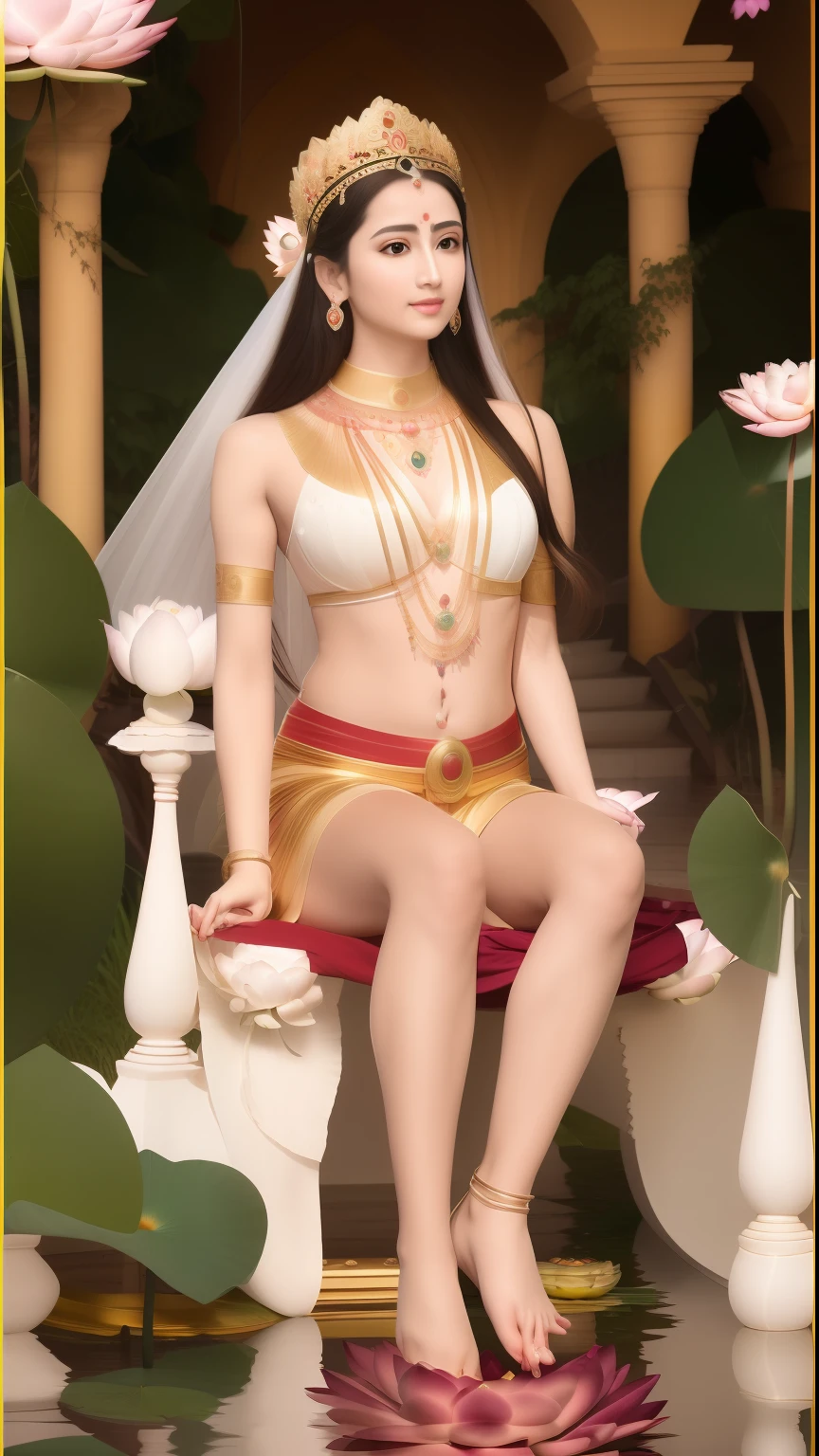 In the void, There is a beautiful virgin sitting leisurely in a garden wonderland，Five-colored cloudy sky，Perfect body posture，Barefoot，（Long curved eyebrows），Beautiful eyes sparkle，The large, Jewel-like eyes sparkle，Clear pupils have reflected light，二重まぶた，Lying silkworm，（（Plump and rosy lips））Nipples clearly visible，（（Flushed cheeks）），The mandible is plump，Fair skin is delicate and smooth，Delicate skin translucent，A delicate and dexterous crown，inlaid gemstones，Exquisite and ingenious，inlaid gemstones，Sitting on a light red lotus in the air，look straight at the camera，（（Pinch the stem of the lotus flower with one hand）），(((nice hand)))，（（（（Good feet））），（（（good legs））），realisticlying，white skinned，（（Correct body structure）），White clothing，decorated in white，baiyun，Blue sky，Head background with round light，Behind him is a colorful rainbow circle，Color glow is turned on，Front lighting，Positive light，No shadows on the face，There are no shadows on the body，Blue sky，Unreal space，ethereal world，dreamworld，with blue sky and white clouds，tmasterpiece，4K，ultra-definition，professional photoshooting，Perspective looks up，Standard lens shooting，