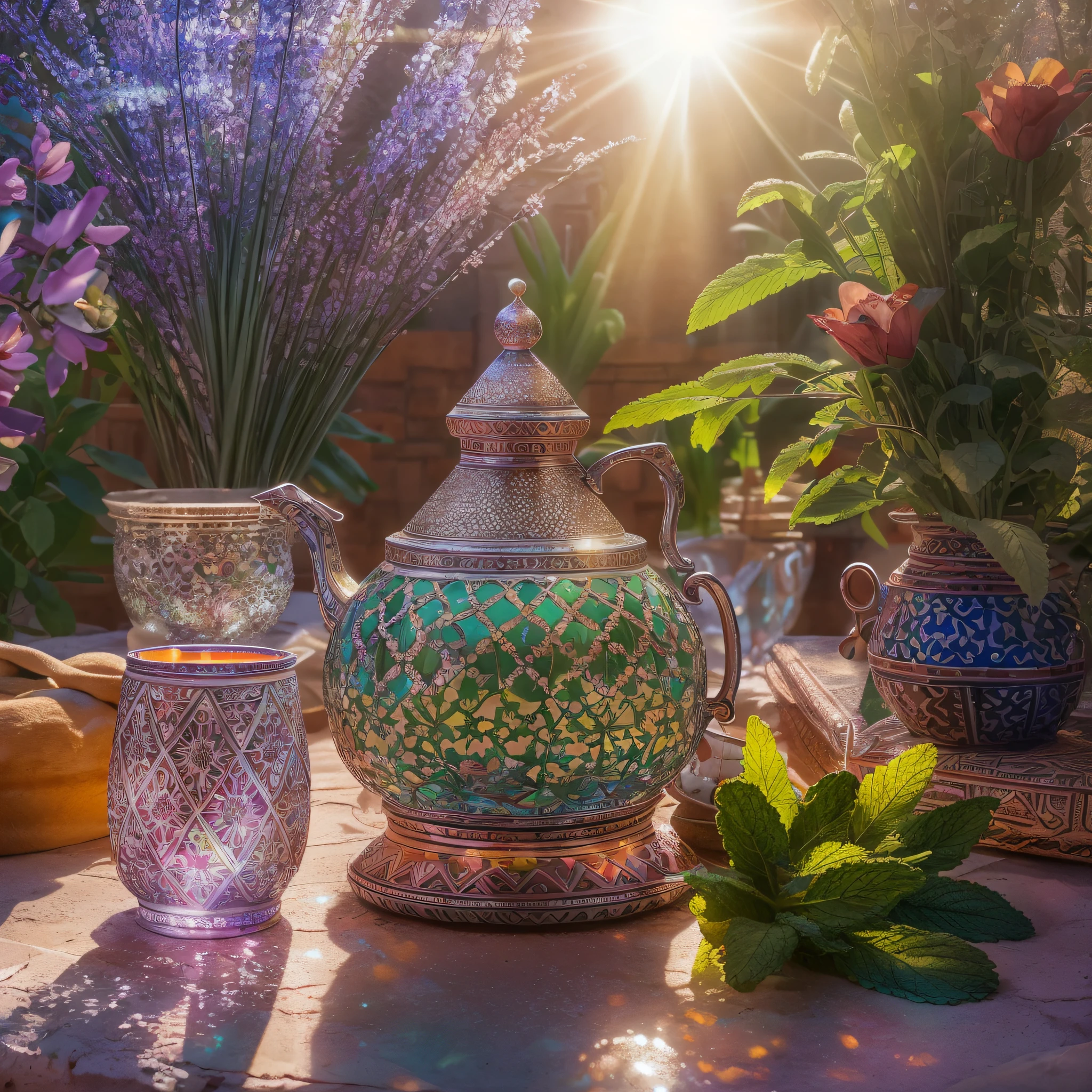 crystal moroccan tea pot, mint leaves, Moroccan glasses, sunrays, masterpiece, best quality, ultra high res, RAW, ((Riad)), ((riad rooftop)), Marrakech, moroccan candle holders, opalescent, moroccan lights, (Photoluminescence water), gems, ((blooming flowers)), clear, Cinematic RAW photo, hyper real photo, ultrarealistic, 8k uhd, dslr, soft lighting, high quality, film grain, Fujifilm XT3, photographed on a Kodak Retina II Sanyo Xacti VPC-CA6, 50mm lens, Wide Angle, HDR, hyper-realistic, colorgraded, volumetric lighting, [volumetric fog, moist], shallow depth of field, reflections, photo, (sparkling), glistening, (iridescent), glimmering, clear, shimmering, mystical, enchanting, glittering, Morocco, exotic, (masterpiece) (best quality) (detailed) (8k) (HDR) (wallpaper) (cinematic lighting) (sharp focus) (intricate), Amazigh, romantic