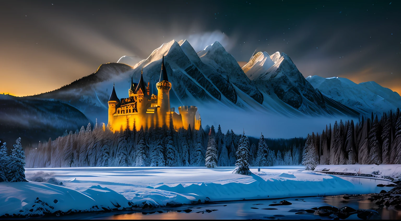 HDR 4K, landscape Photography (masterpiece, best quality:1.2), ultra-detailed, Castle snow mountains, (at night very dark light magic landscape:1.3),(realistic:1.5), Movie, Science-Fiction, cinematic lighting, two point lighting, raw image, best quality, atmospheric scene, diffuse lighting, natural soft colors, hyperrealistic, (rutkowski),