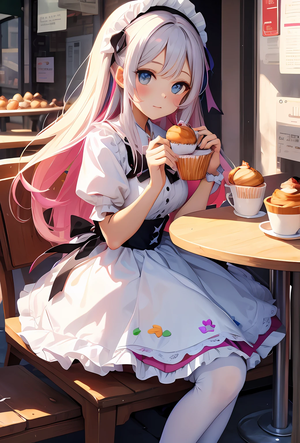 best qualityer,tmasterpiece,Ultimate resolution,downy,Extremely colorful,Colorful,Big high school girl,Lolita long dress, white stockings,Muffin shoes,Cafe background,closeup of face