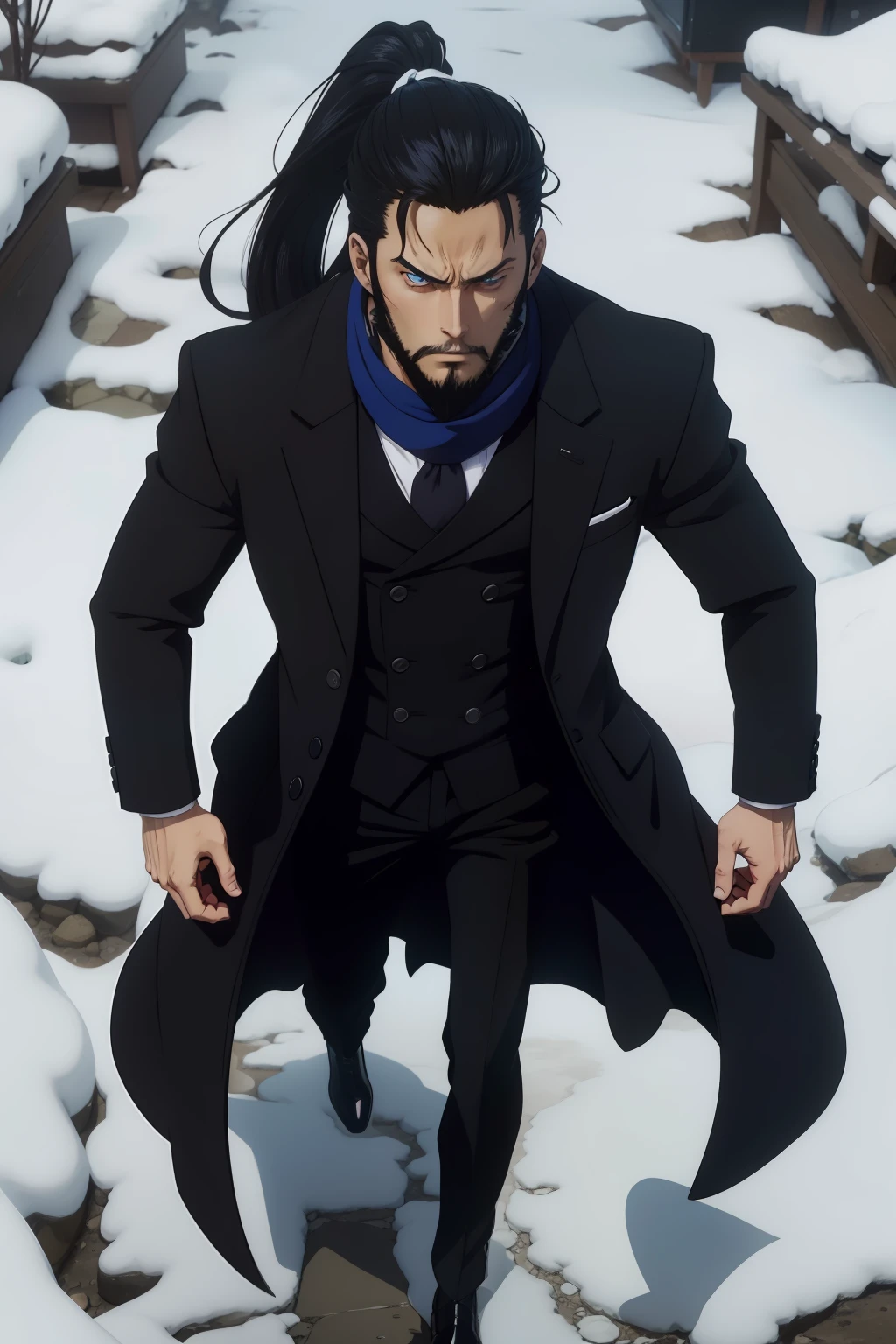 anime, man, black suit, black overcoat, neck long blue scarf, ponytail hair, tiny beard