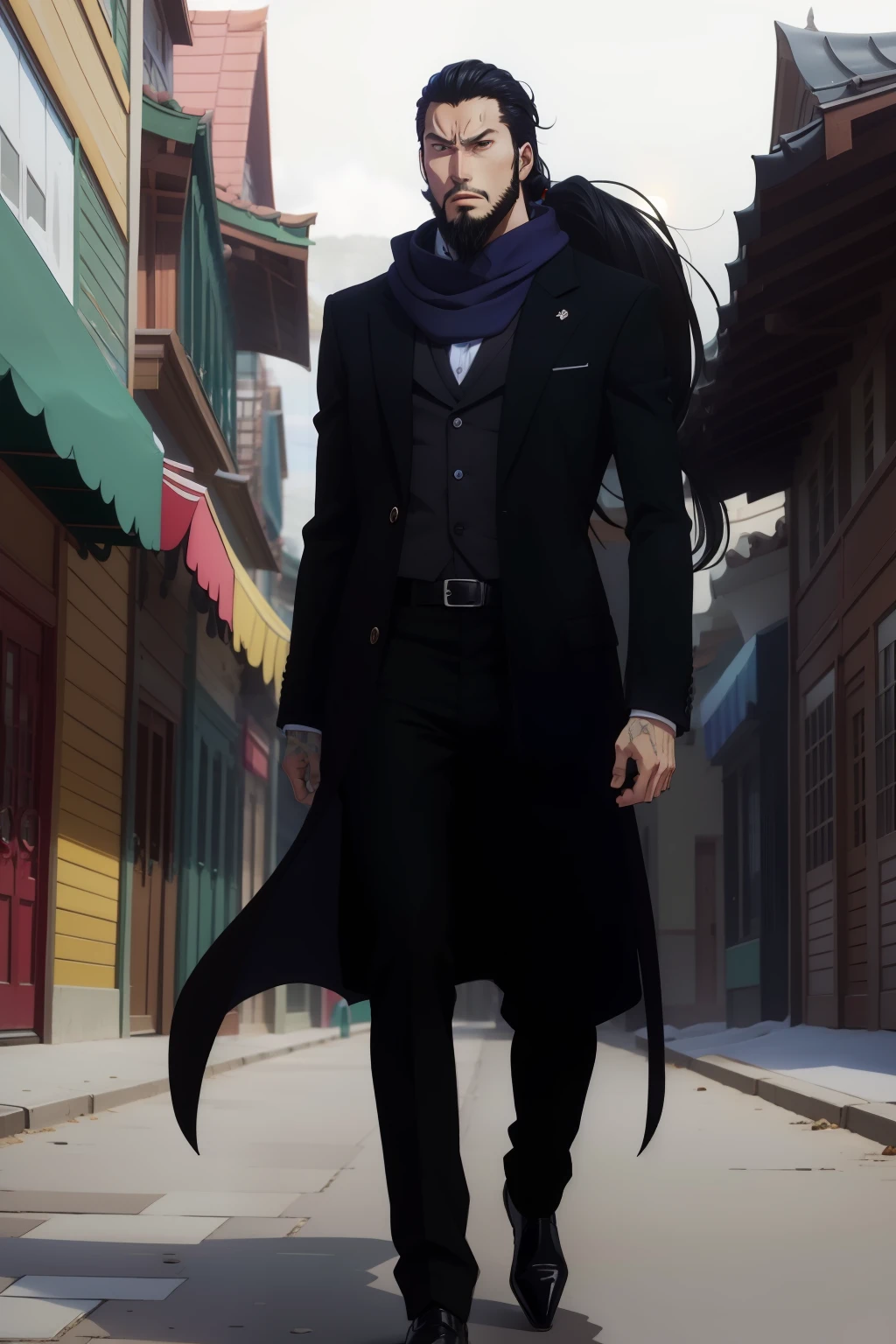 anime, man, black suit, black overcoat, neck blue scarf, long ponytail hair, tiny beard