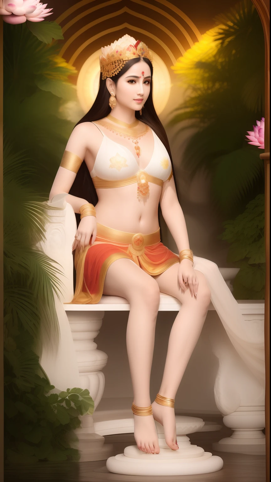 In the void, There is a beautiful virgin sitting leisurely in a garden wonderland,Five-colored cloudy sky,Perfect body posture,Barefoot,(Long curved eyebrows),Beautiful eyes sparkle,The large, Jewel-like eyes sparkle,Clear pupils have reflected light,二重まぶた,Lying silkworm,((Plump and rosy lips))Nipples clearly visible,((Flushed cheeks)),The mandible is plump,Fair skin is delicate and smooth,Delicate skin translucent,A delicate and dexterous crown,inlaid gemstones,Exquisite and ingenious,inlaid gemstones,Sitting on a light red lotus in the air,look straight at the camera,((Pinch the stem of the lotus flower with one hand)),(((nice hand))),((((Good feet))),(((good legs))),realisticlying,white skinned,((Correct body structure)),White clothing,decorated in white,baiyun,Blue sky,Head background with round light,Behind him is a colorful rainbow circle,Color glow is turned on,Front lighting,Positive light,No shadows on the face,There are no shadows on the body,Blue sky,Unreal space,ethereal world,dreamworld,with blue sky and white clouds,tmasterpiece,4K,ultra-definition,professional photoshooting,Perspective looks up,Standard lens shooting,