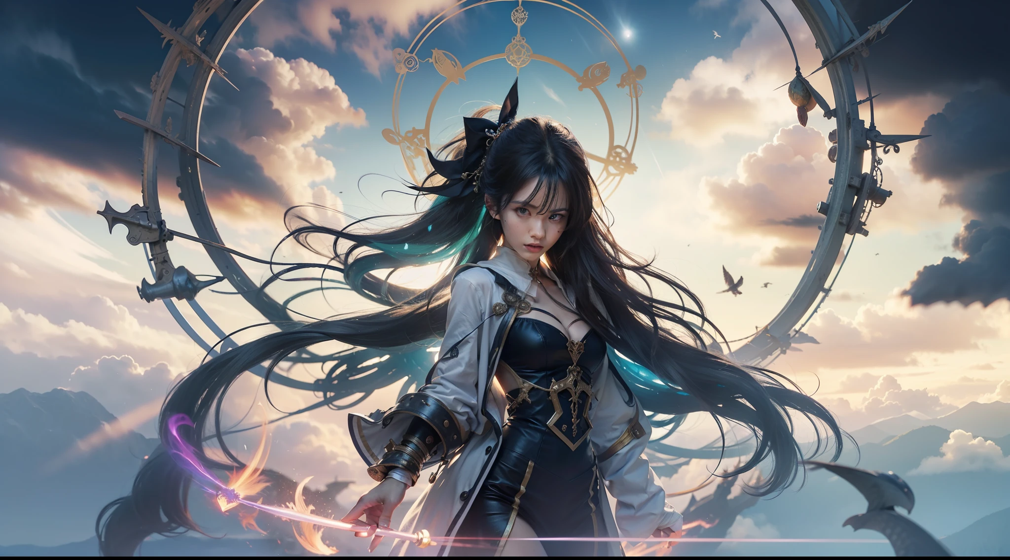 Above the rising clouds,Night, Dark, (Fantasy),infinite,deep blue sky,The abyss of knowledge,Cowledge,((masutepiece)), (((Best Quality))),((Beautiful fine eyes)),(Eye lashes)、Realistic clouds、Very beautiful face、The ultra -The high-definition、Steampunk Castle、beautiful Girl、(1人)、Black hair、The long-haired、abyss eyes、glowy skin、oils、small tits、Perfect human body structure、Wizard robes、der riese、tattered cloth、Realistic coat、Tee、Super delicate CG Unity 32k wallpaper、photoRealstic、masterpiece, ((ultra-detailliert)), ((illustratio)),colourfull,wall-paper,The energy,Unknown terror,Incomprehensible,Around the magic,Magical surroundings,magic wands,Boken,Flying pages,Know everything,Predict the future、Get to know the past、Infinite wisdom、blue flames、Warlock、magic circles、Pentagram、Spells、mantra、Singing magic