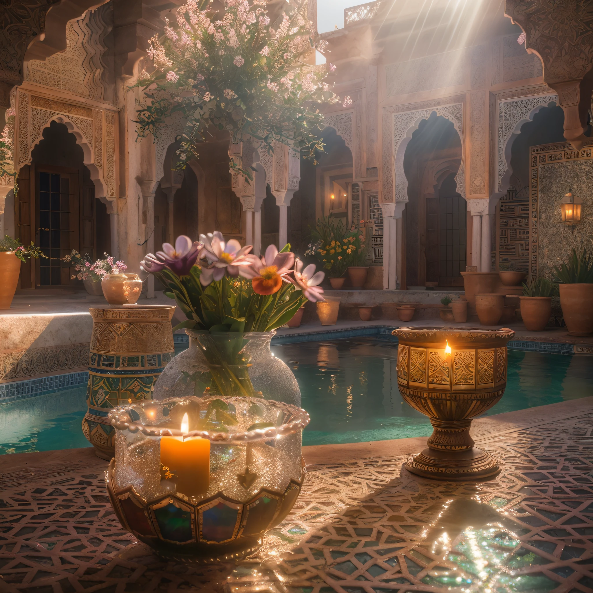 sunrays, masterpiece, best quality, ultra high res, RAW, ((Riad)), ((rooftop pool)), Marrakech, moroccan candle holders, opalescent lights, (Photoluminescence water), gems, ((blooming flowers)), clear, Cinematic RAW photo, hyper real photo, ultrarealistic, 8k uhd, dslr, soft lighting, high quality, film grain, Fujifilm XT3, photographed on a Kodak Retina II Sanyo Xacti VPC-CA6, 50mm lens, Wide Angle, HDR, hyper-realistic, colorgraded, volumetric lighting, [volumetric fog, moist], shallow depth of field, reflections, photo, (sparkling), glistening, (iridescent), glimmering, crystal clear, shimmering, mystical, enchanting, glittering, Morocco, exotic, (masterpiece) (best quality) (detailed) (8k) (HDR) (wallpaper) (cinematic lighting) (sharp focus) (intricate), Amazigh, romantic