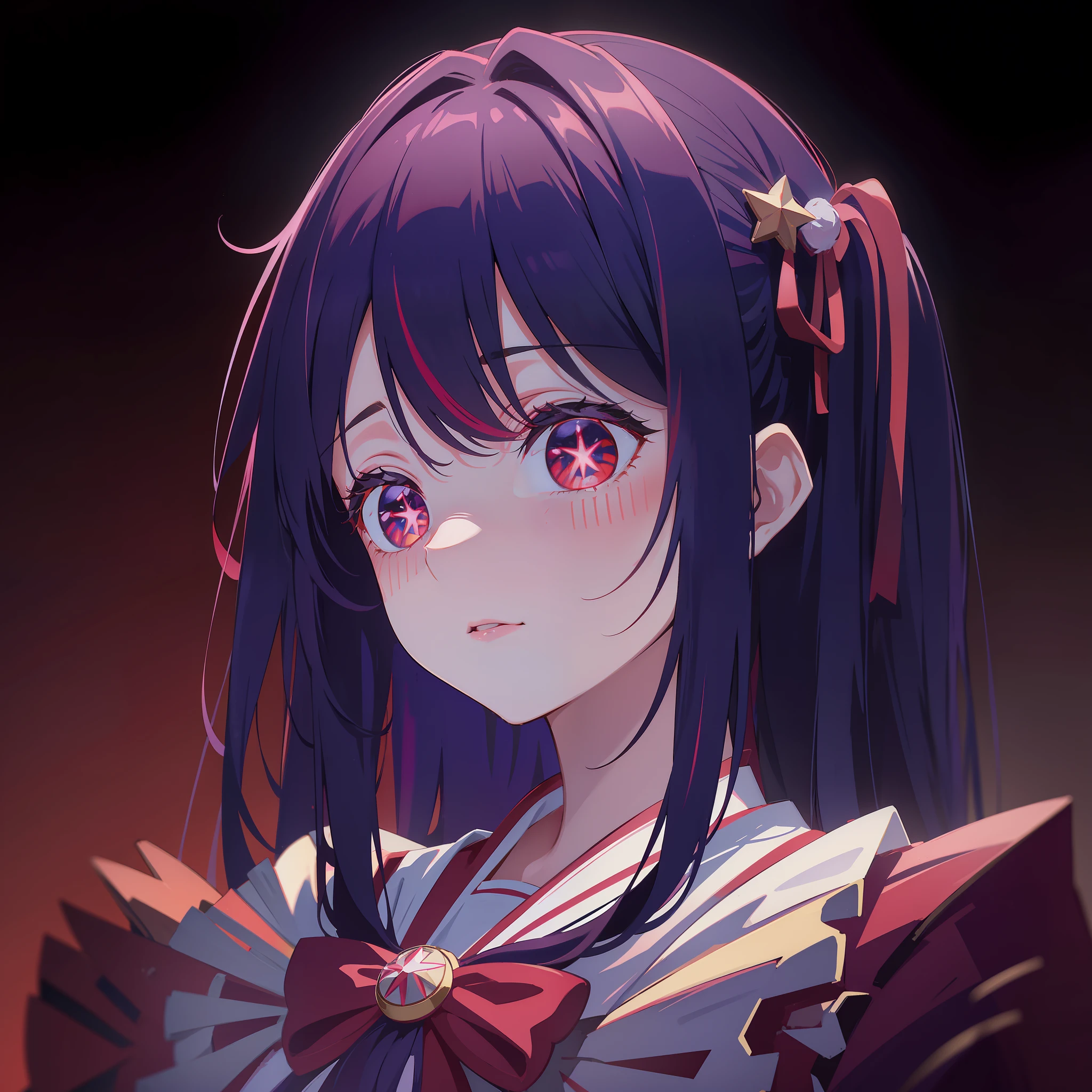 straight magenta hair that is tied into twin tails and laced with red ribbons and gradient dark-red eyes, best quality, 4k, ((masterpiece)), extremely detailed, 8k, Hoshino, High Detail, Sharp focus, 1girl, solo, ((detailed eyes)), having a well-endowed figure, star-shaped pupils