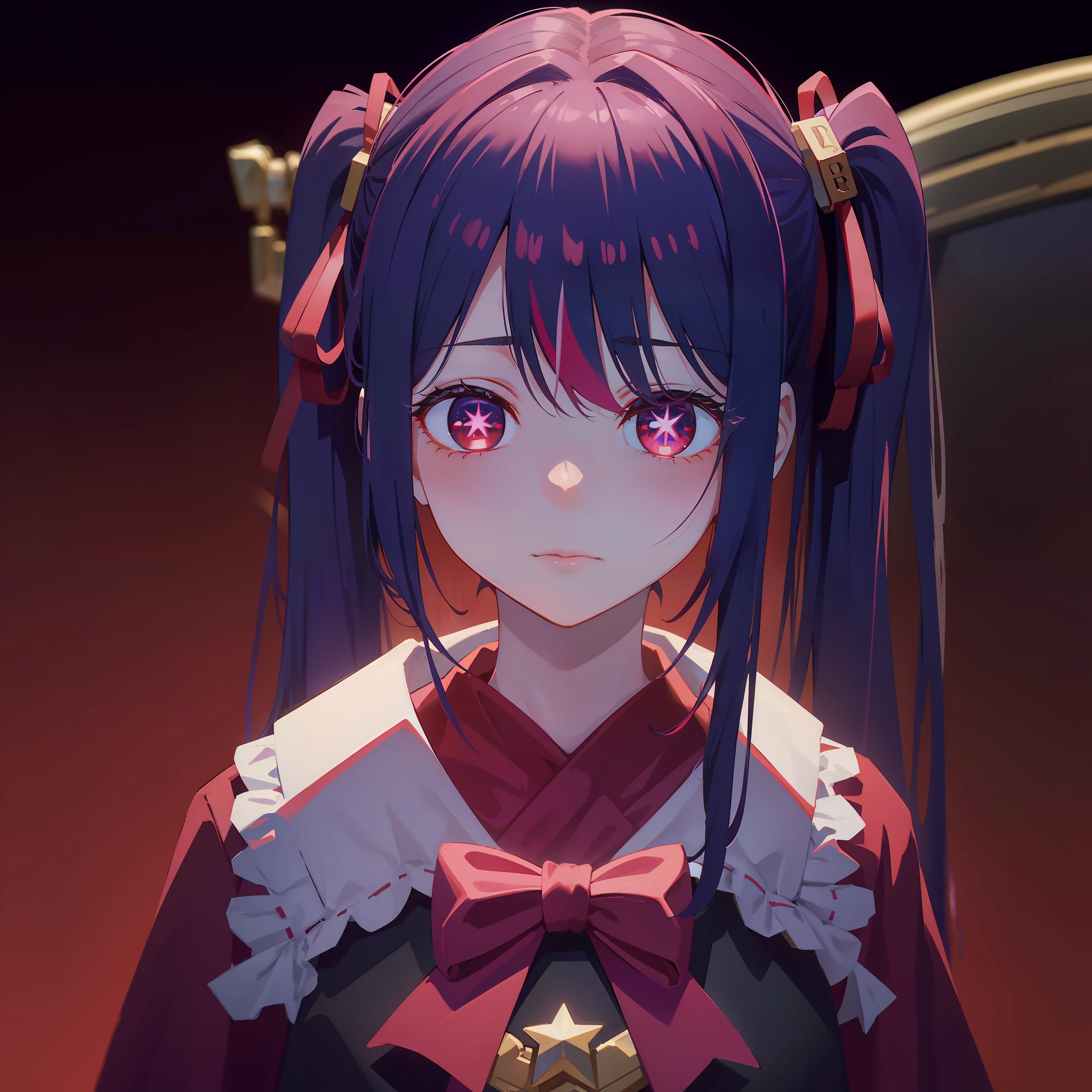 straight magenta hair that is tied into twin tails and laced with red ribbons and gradient dark-red eyes, best quality, 4k, ((masterpiece)), extremely detailed, 8k, Hoshino, High Detail, Sharp focus, 1girl, solo, ((detailed eyes)), having a well-endowed figure, star-shaped pupils