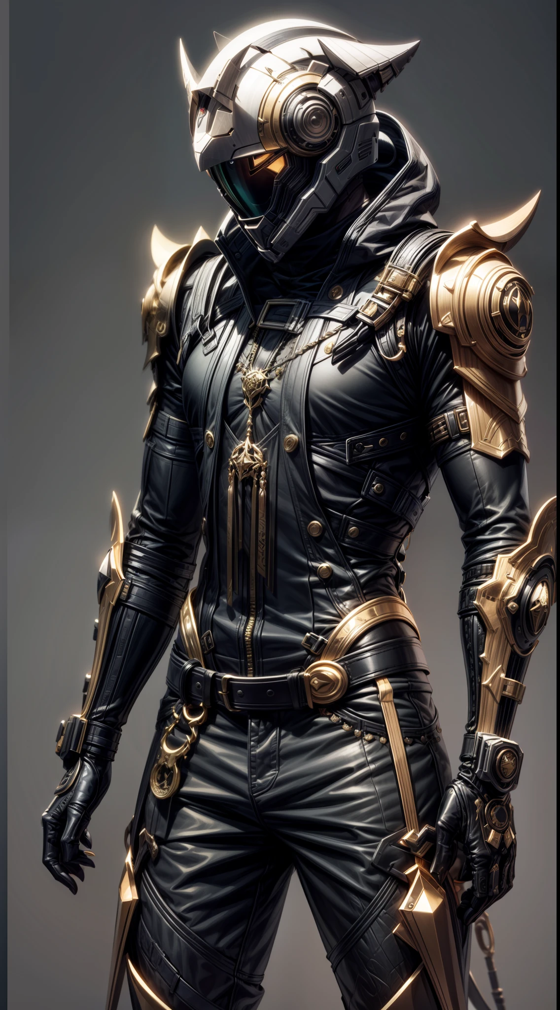 greybackground，a macha，Futuristic style|cyber punk style，front viwe,standing on feet，Nero|Gold livery，dogy，best qualtiy，Very detailed details，8K，