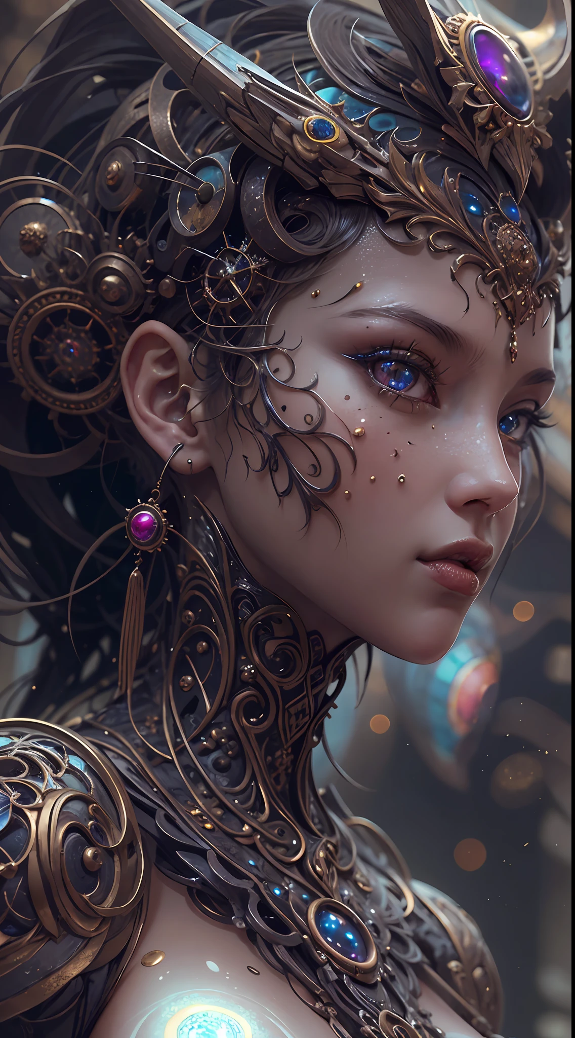 (best qualtiy,ultra - detailed,Most Best Illustration,Best shadow,tmasterpiece,A high resolution,professionalartwork,famousartwork),Detailed eyes,beautidful eyes,closeup cleavage,sci-fy,colored sclera,Robot eyes,face markings,Tattooed with,(fractalized,Fractal eyes),largeeyes,Wide eyes,(Eye focus),sface focus,Cosmic eyes,Space eyes,Close-up of metal sculpture of a woman with a moon in her hair,goddes。extremly high detail,3 d goddess portrait,Extremely detailed footage of the goddess,a stunning portrait of a goddess,Side image of the goddess,portrait of a beautiful goddess,Full body close-up portrait of the goddess,hecate goddess,portrait of a norse moon goddess,goddess of space and time