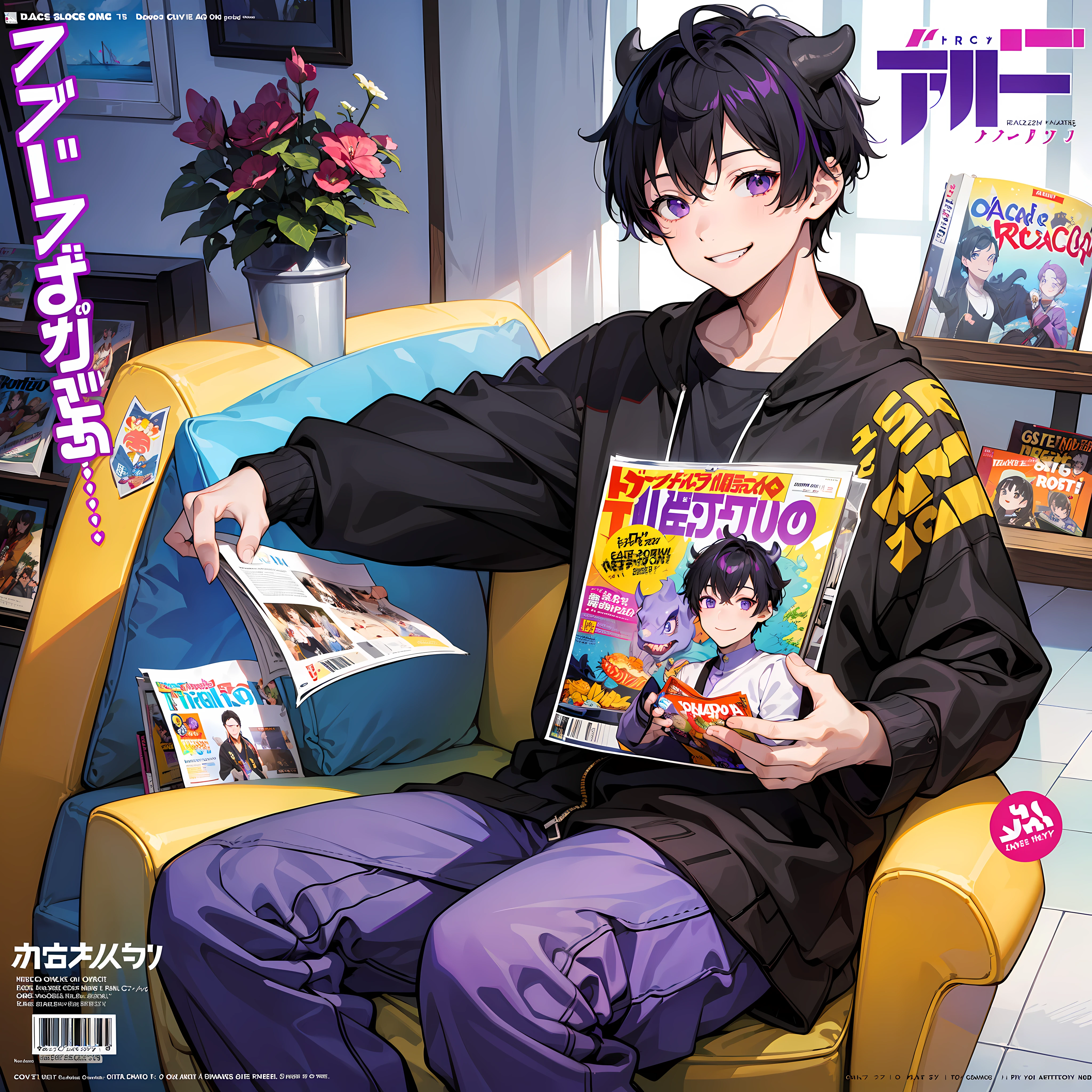masterpiece, best quality, full body, (ฺBoy Triceratops character), (black hair with purple highlights), (1boy), (smiling), ((solo)), (magazine:1.3), (cover-style:1.3), fashionable