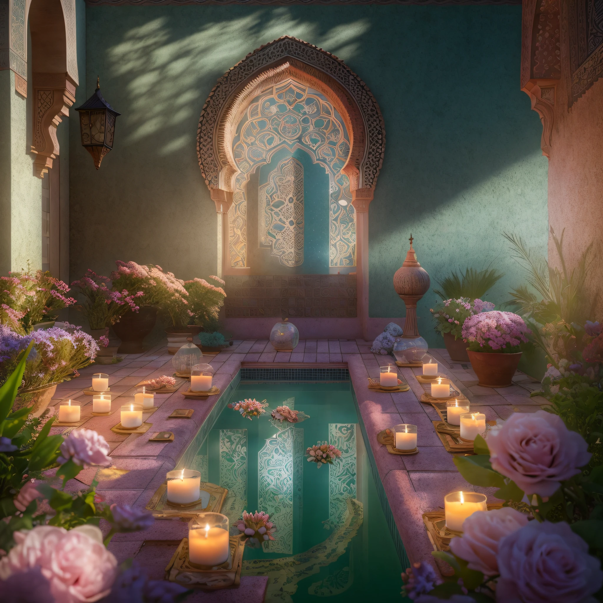 sunrays, masterpiece, best quality, ultra high res, RAW, ((Riad)), ((rooftop pool)), Marrakech, moroccan candle holders, opalescent lights, (Photoluminescence water), gems, ((blooming flowers)), clear, Cinematic RAW photo, hyper real photo, ultrarealistic, 8k uhd, dslr, soft lighting, high quality, film grain, Fujifilm XT3, photographed on a Kodak Retina II Sanyo Xacti VPC-CA6, 50mm lens, Wide Angle, HDR, hyper-realistic, colorgraded, volumetric lighting, [volumetric fog, moist], shallow depth of field, reflections, photo, (sparkling), glistening, (iridescent), glimmering, crystal clear, shimmering, mystical, enchanting, glittering, Morocco, exotic, (masterpiece) (best quality) (detailed) (8k) (HDR) (wallpaper) (cinematic lighting) (sharp focus) (intricate), Amazigh, romantic