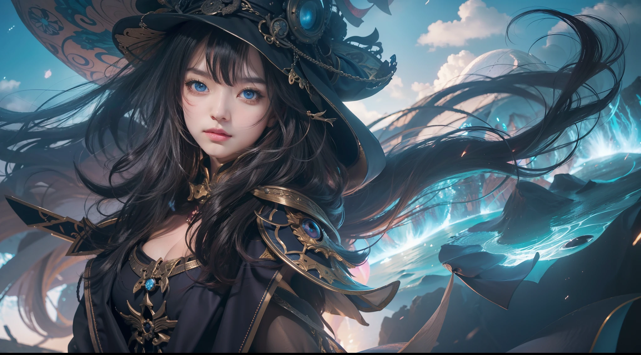 Above the rising clouds,Night, Dark, (Fantasy),infinite,deep blue sky,The abyss of knowledge,Cowledge,((masutepiece)), (((Best Quality))),((Beautiful fine eyes)),(Eye lashes)、Realistic clouds、Very beautiful face、The ultra -The high-definition、Steampunk Castle、beautiful  Girl、(女の子1人)、Black hair、The long-haired、abyss eyes、glowy skin、oils、small tits、Perfect human body structure、Wizard robes、der riese、tattered cloth、Realistic coat、Teenchi、Super delicate CG Unity 32k wallpaper、photoRealstic、​masterpiece, ((ultra-detailliert)), ((illustratio)),colourfull,wall-paper,The energy,Unknown terror,Incomprehensible,Around the magic,Magical surroundings,magic wands,Boken,Flying pages,Know everything,Predict the future、Get to know the past、Infinite wisdom、blue flames、Warlock、magic circles、Pentagram、Spells、mantra、Singing magic