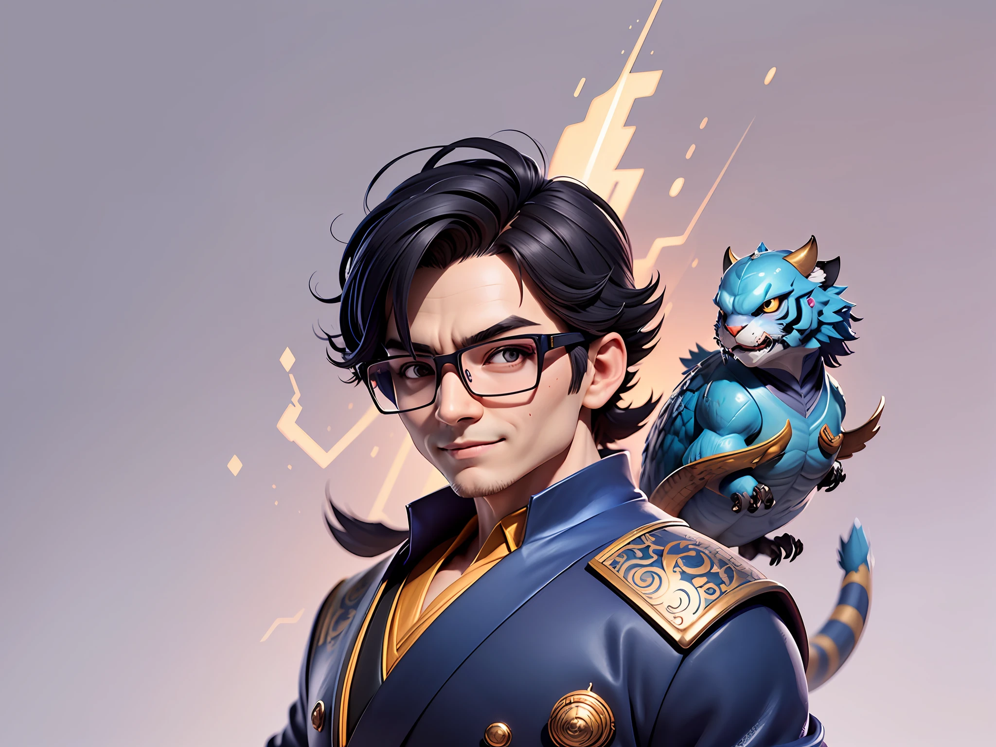 (Masterpiece), (Excellent), (Super Meticulous), (Full Body: 1.2), Super Young Man with Japanese Female Geisha, Pretty, Beautiful, Chinese Dragon, Tiger, Wind God Thor, Sexy, Bursting, Oriental Face, TV Anchor, Bust Portrait Illustration, Black Suit, Blue Tie, Slightly Chubby Face, Silver Glasses, Very Clean Face, No Beard on Chin, Black Super Short Hair, Black Eyes, Confident Smile, 3c Computer Sub-Products, iPad, iPhone, Digital Painting, 3D character design by Mark Clairedon and Pixar and Hayao Miyazaki and Akira Toriyama, the illustrations are HD illustrations in 4K resolution with highly detailed facial features and cartoon-style visuals.