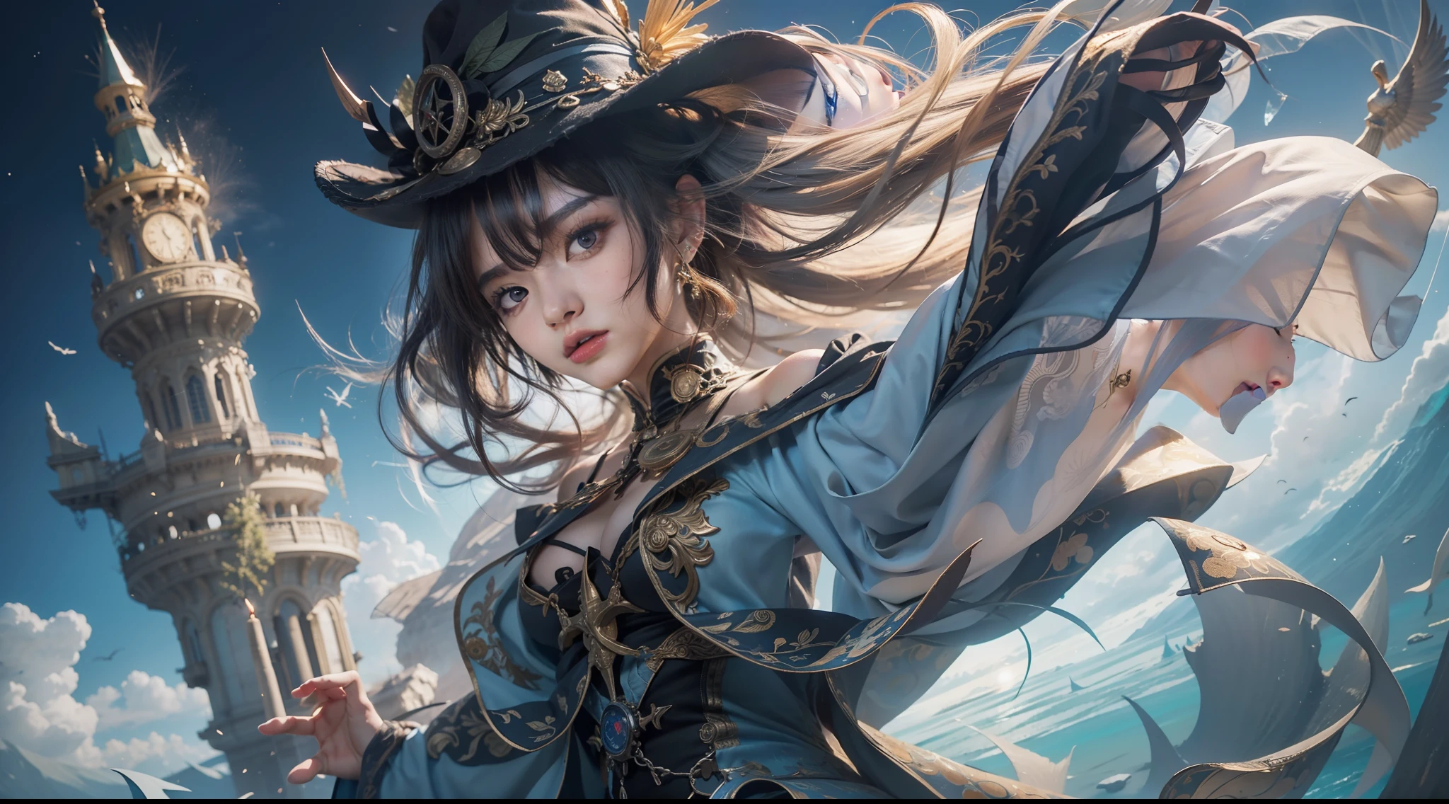 Above the rising clouds,Night, Dark, (Fantasy),infinite,deep blue sky,The abyss of knowledge,Cowledge,((masutepiece)), (((Best Quality))),((Beautiful fine eyes)),(Eye lashes)、Realistic clouds、Very beautiful face、The ultra -The high-definition、Steampunk Castle、beautiful Girl、(1人)、Black hair、The long-haired、abyss eyes、glowy skin、oils、small tits、Perfect human body structure、Wizard robes、der riese、tattered cloth、Realistic coat、Tee、Super delicate CG Unity 32k wallpaper、photoRealstic、masterpiece, ((ultra-detailliert)), ((illustratio)),colourfull,wall-paper,The energy,Unknown terror,Incomprehensible,Around the magic,Magical surroundings,magic wands,Boken,Flying pages,Know everything,Predict the future、Get to know the past、Infinite wisdom、blue flames、Warlock、magic circles、Pentagram、Spells、mantra、Singing magic