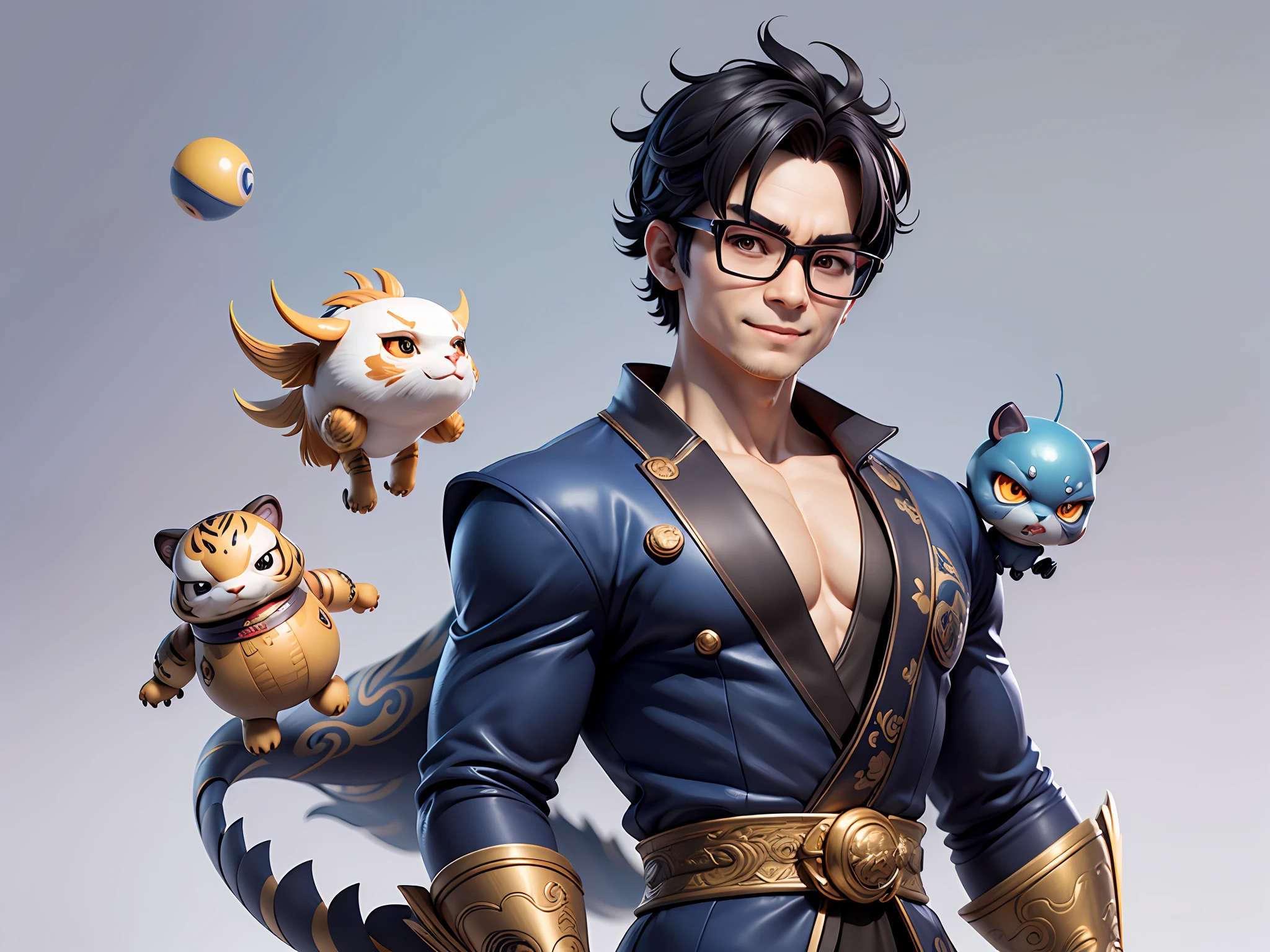 (Masterpiece), (Excellent), (Super Meticulous), (Full Body: 1.2), Super Young Man with Japanese Female Geisha, Pretty, Beautiful, Chinese Dragon, Tiger, Wind God Thor, Sexy, Bursting, Oriental Face, TV Anchor, Bust Portrait Illustration, Black Suit, Blue Tie, Slightly Chubby Face, Silver Glasses, Very Clean Face, No Beard on Chin, Black Super Short Hair, Black Eyes, Confident Smile, 3c Computer Sub-Products, iPad, iPhone, Digital Painting, 3D character design by Mark Clairedon and Pixar and Hayao Miyazaki and Akira Toriyama, the illustrations are HD illustrations in 4K resolution with highly detailed facial features and cartoon-style visuals.