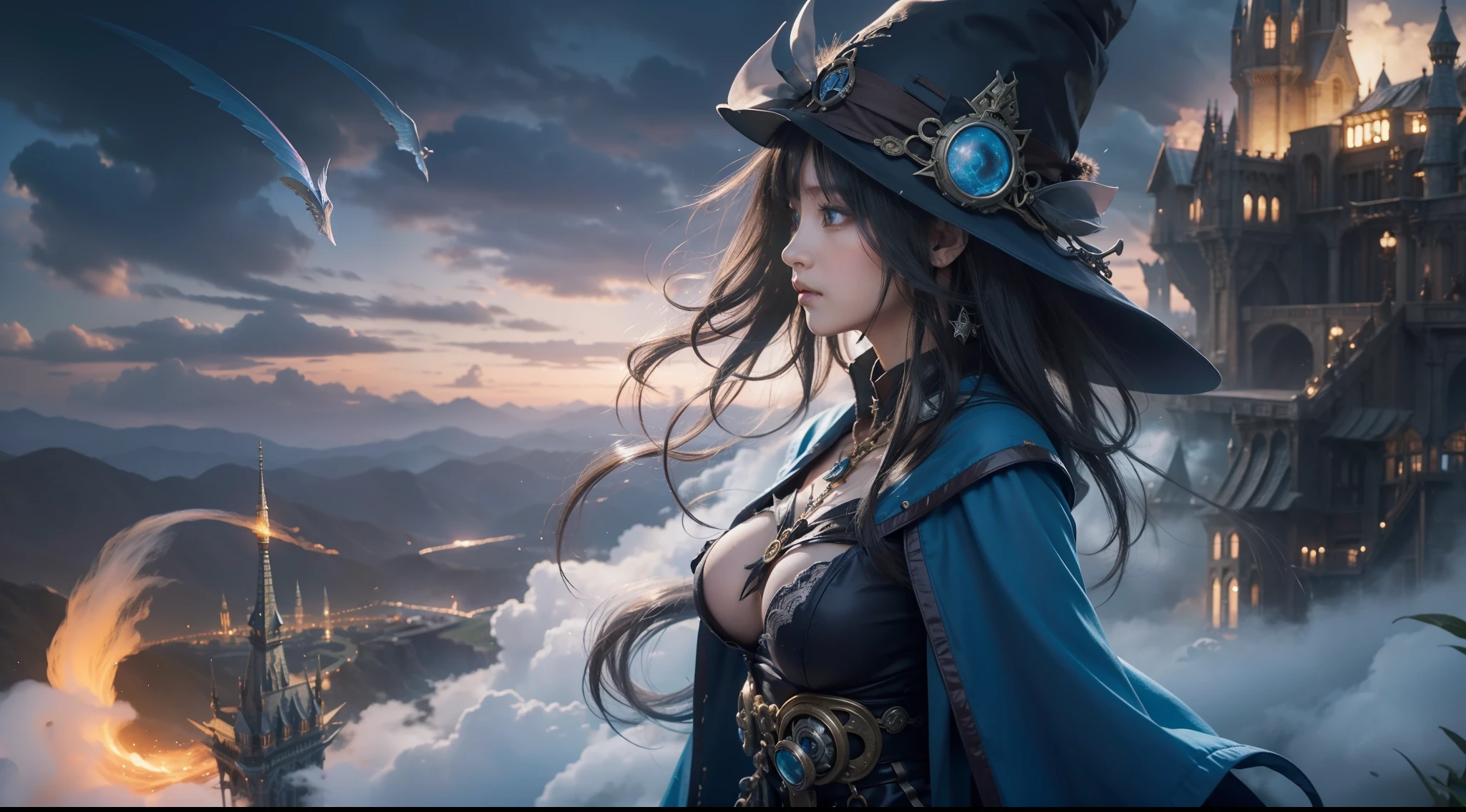 Above the rising clouds,Night, Dark, (Fantasy),infinite,deep blue sky,The abyss of knowledge,Cowledge,((masutepiece)), (((Best Quality))),((Beautiful fine eyes)),(Eye lashes)、Realistic clouds、Very beautiful face、The ultra -The high-definition、Steampunk Castle、beautiful  Girl、(女の子1人)、Black hair、The long-haired、abyss eyes、glowy skin、oils、small tits、Perfect human body structure、Wizard robes、der riese、tattered cloth、Realistic coat、Teenchi、Super delicate CG Unity 32k wallpaper、photoRealstic、​masterpiece, ((ultra-detailliert)), ((illustratio)),colourfull,wall-paper,The energy,Unknown terror,Incomprehensible,Around the magic,Magical surroundings,magic wands,Boken,Flying pages,Know everything,Predict the future、Get to know the past、Infinite wisdom、blue flames、Warlock、magic circles、Pentagram、Spells、mantra、Singing magic